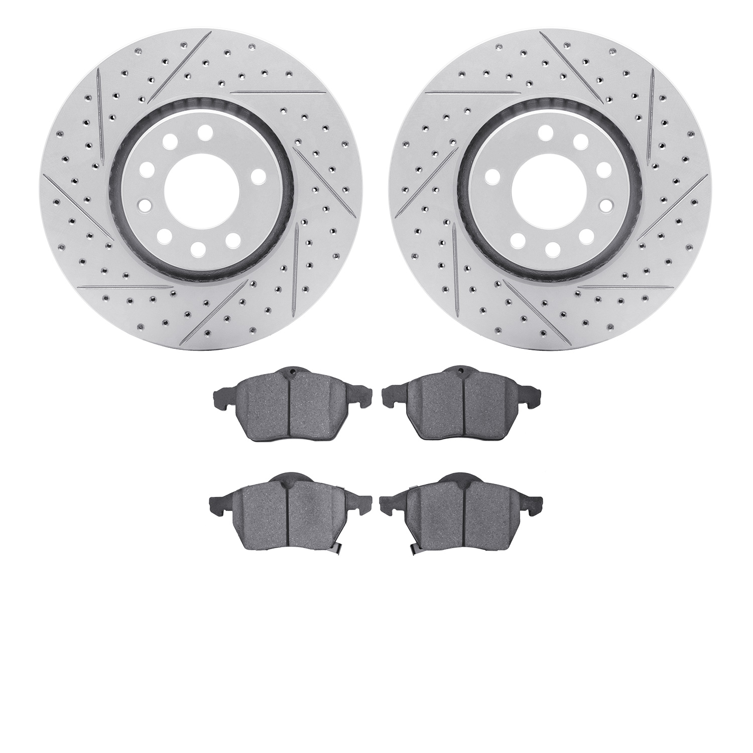 2502-65006 Geoperformance Drilled/Slotted Rotors w/5000 Advanced Brake Pads Kit, 1999-2010 GM, Position: Front