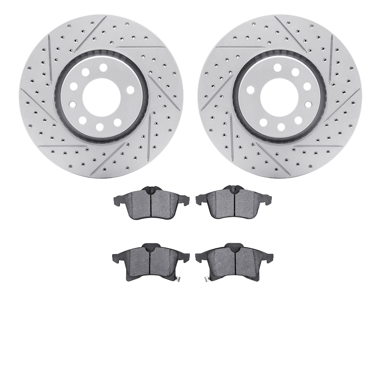 2502-65007 Geoperformance Drilled/Slotted Rotors w/5000 Advanced Brake Pads Kit, 2004-2008 GM, Position: Front
