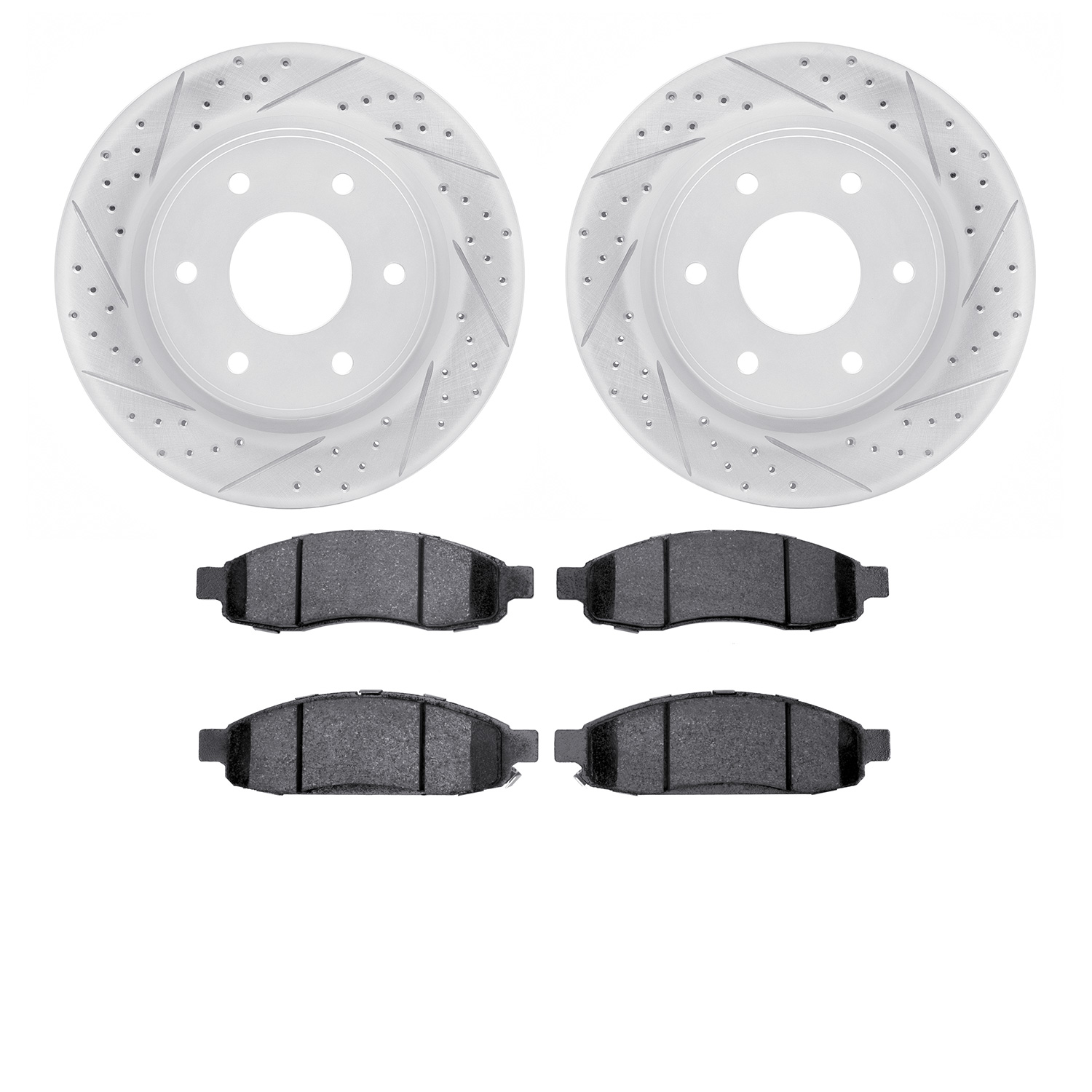 2502-67113 Geoperformance Drilled/Slotted Rotors w/5000 Advanced Brake Pads Kit, 2005-2007 Infiniti/Nissan, Position: Front