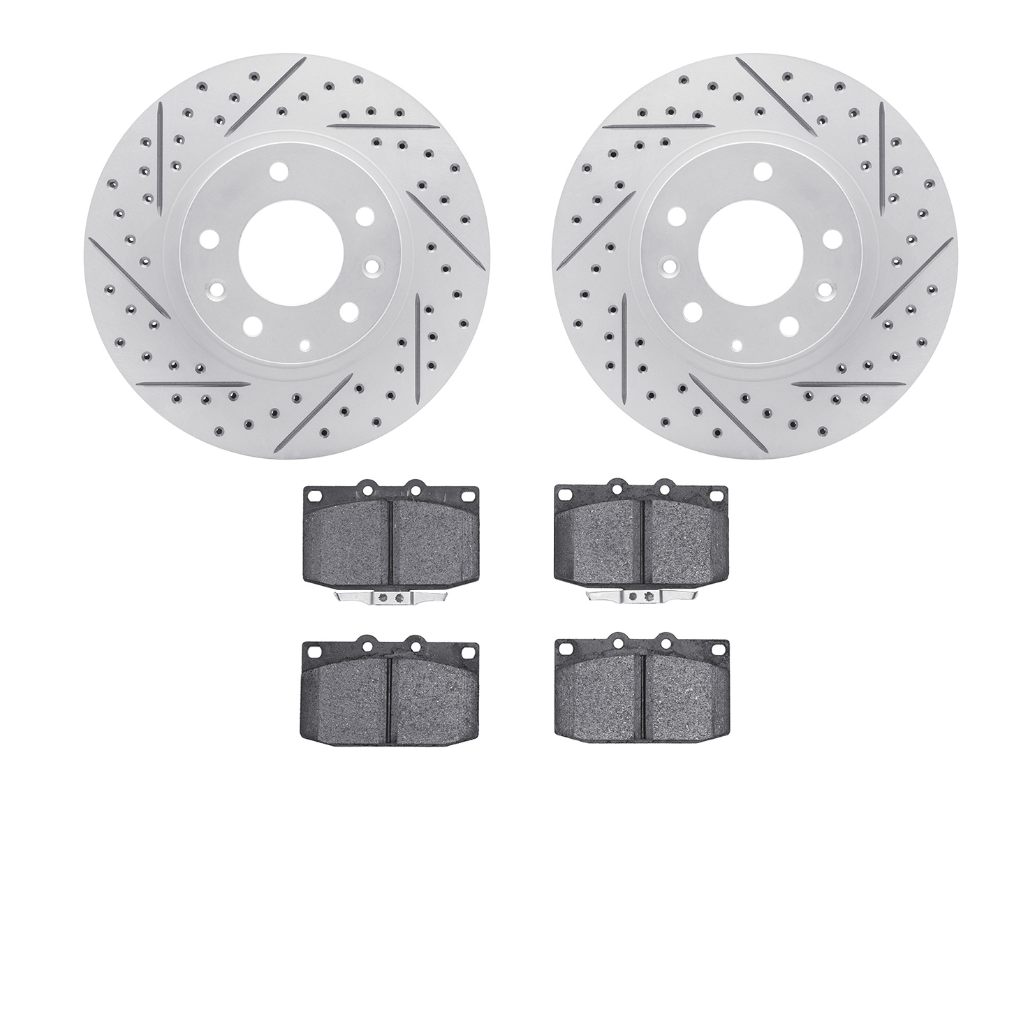 2502-80008 Geoperformance Drilled/Slotted Rotors w/5000 Advanced Brake Pads Kit, 1993-1995 Ford/Lincoln/Mercury/Mazda, Position: