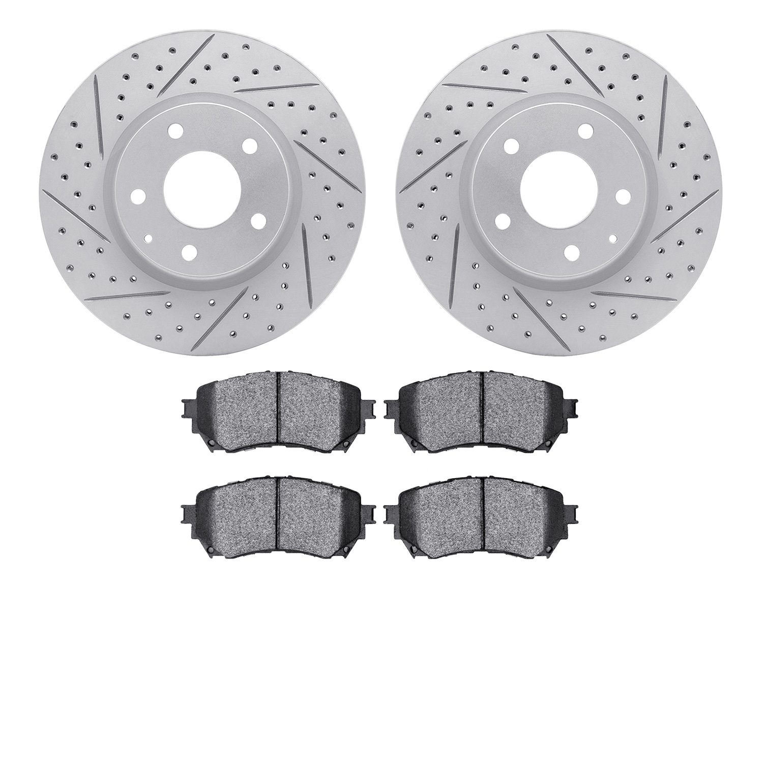 2502-80042 Geoperformance Drilled/Slotted Rotors w/5000 Advanced Brake Pads Kit, 2014-2015 Ford/Lincoln/Mercury/Mazda, Position: