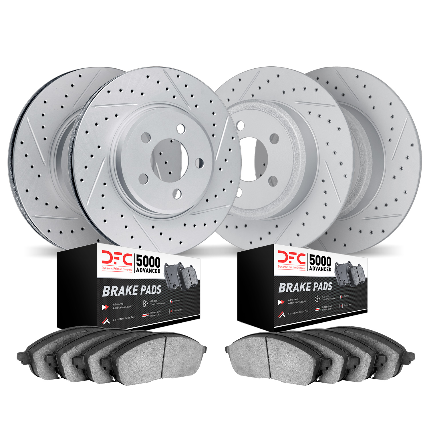 2504-03001 Geoperformance Drilled/Slotted Rotors w/5000 Advanced Brake Pads Kit, 2016-2019 Kia/Hyundai/Genesis, Position: Front