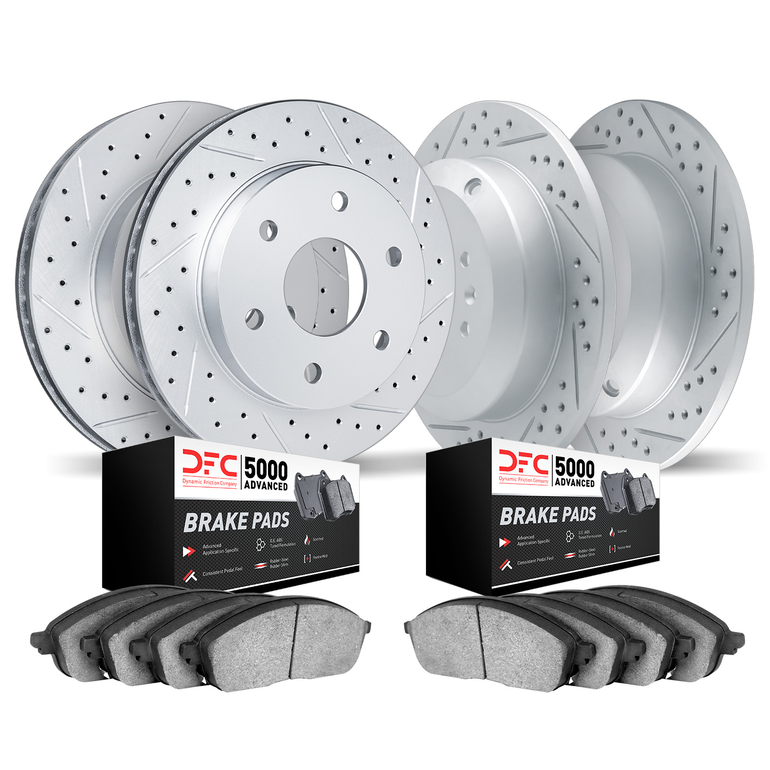 2504-40097 Geoperformance Drilled/Slotted Rotors w/5000 Advanced Brake Pads Kit, 2003-2004 Mopar, Position: Front and Rear