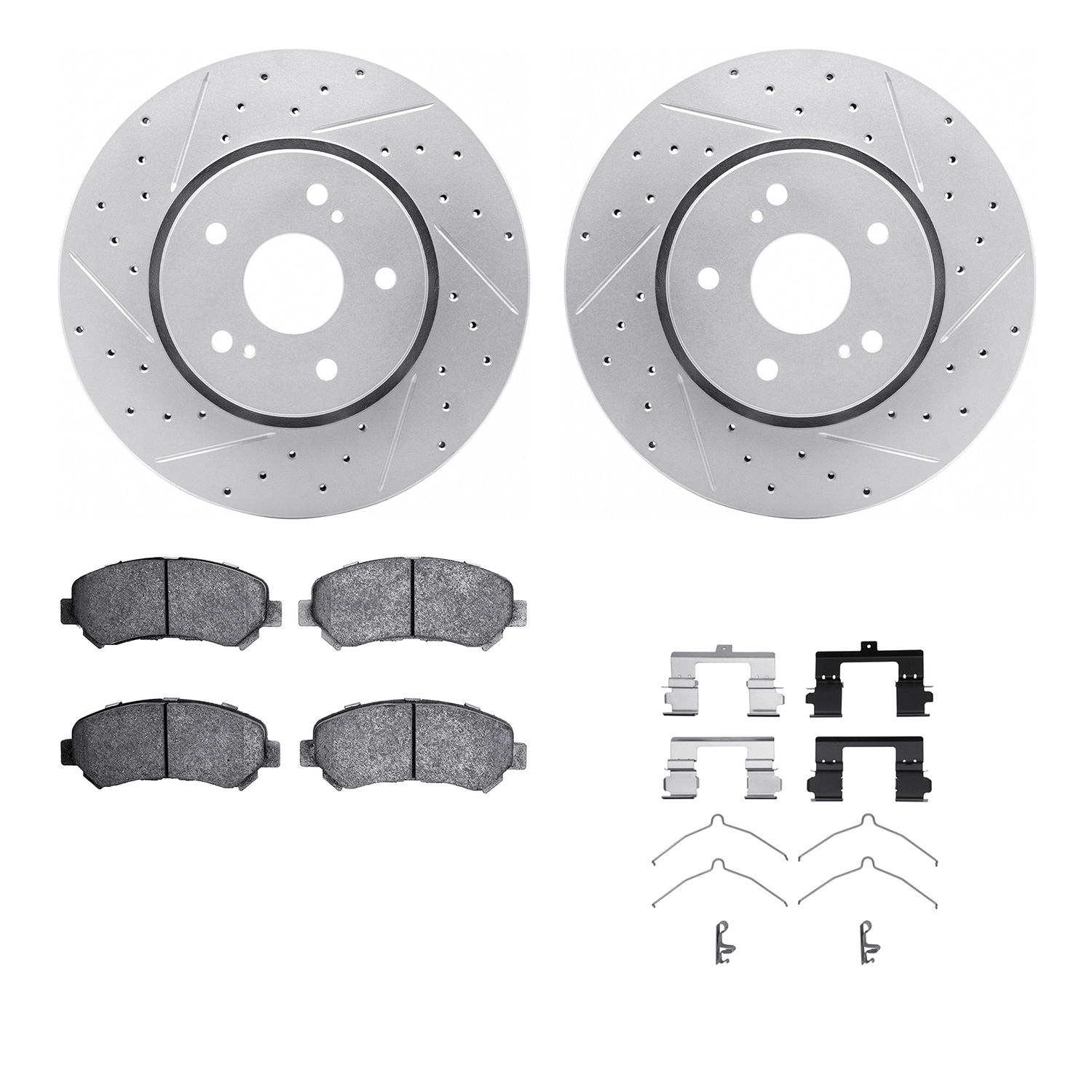 2512-01003 Geoperformance Drilled/Slotted Rotors w/5000 Advanced Brake Pads Kit & Hardware, 2010-2013 Suzuki, Position: Front