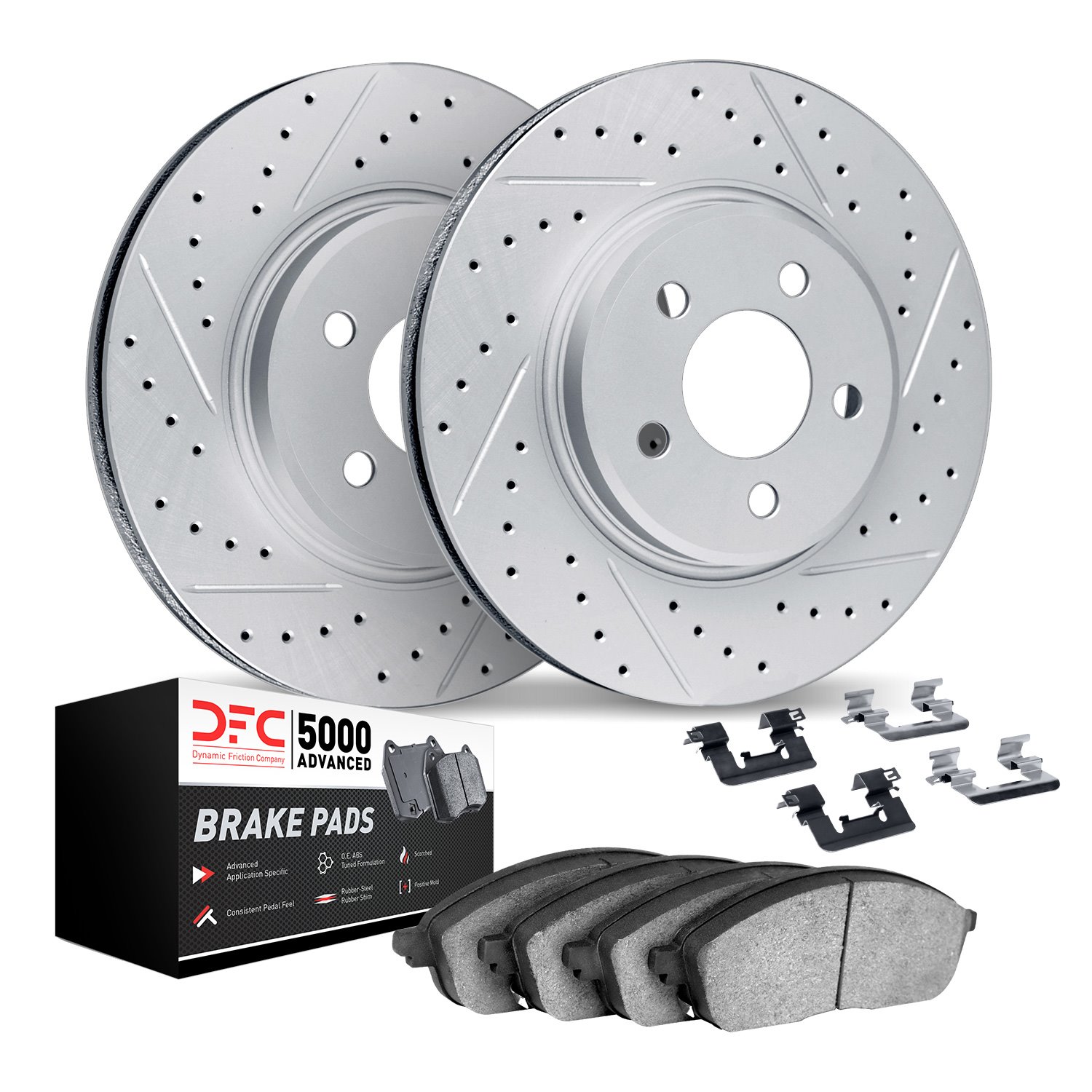 2512-02003 Geoperformance Drilled/Slotted Rotors w/5000 Advanced Brake Pads Kit & Hardware, 1967-1974 Porsche, Position: Front
