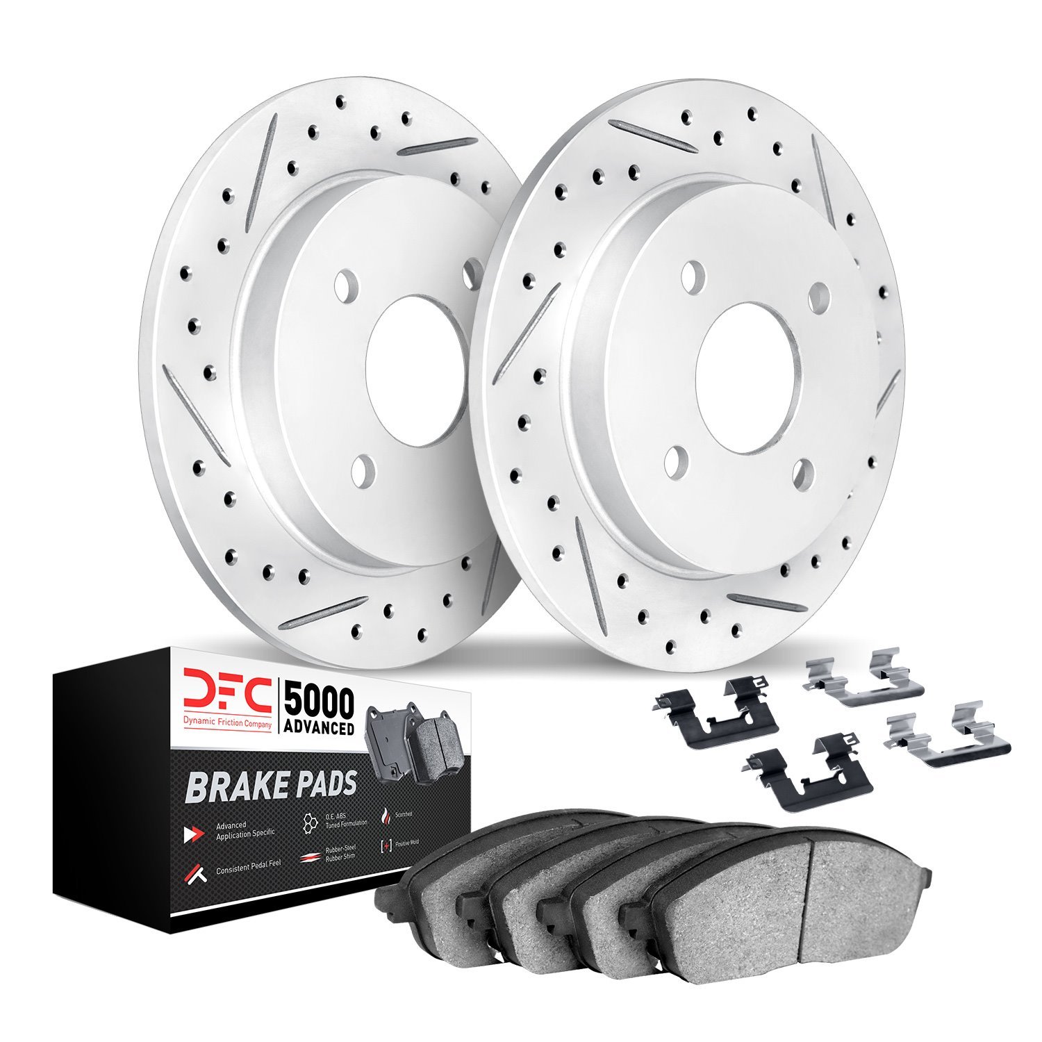 2512-03006 Geoperformance Drilled/Slotted Rotors w/5000 Advanced Brake Pads Kit & Hardware, 1999-2006 Kia/Hyundai/Genesis, Posit