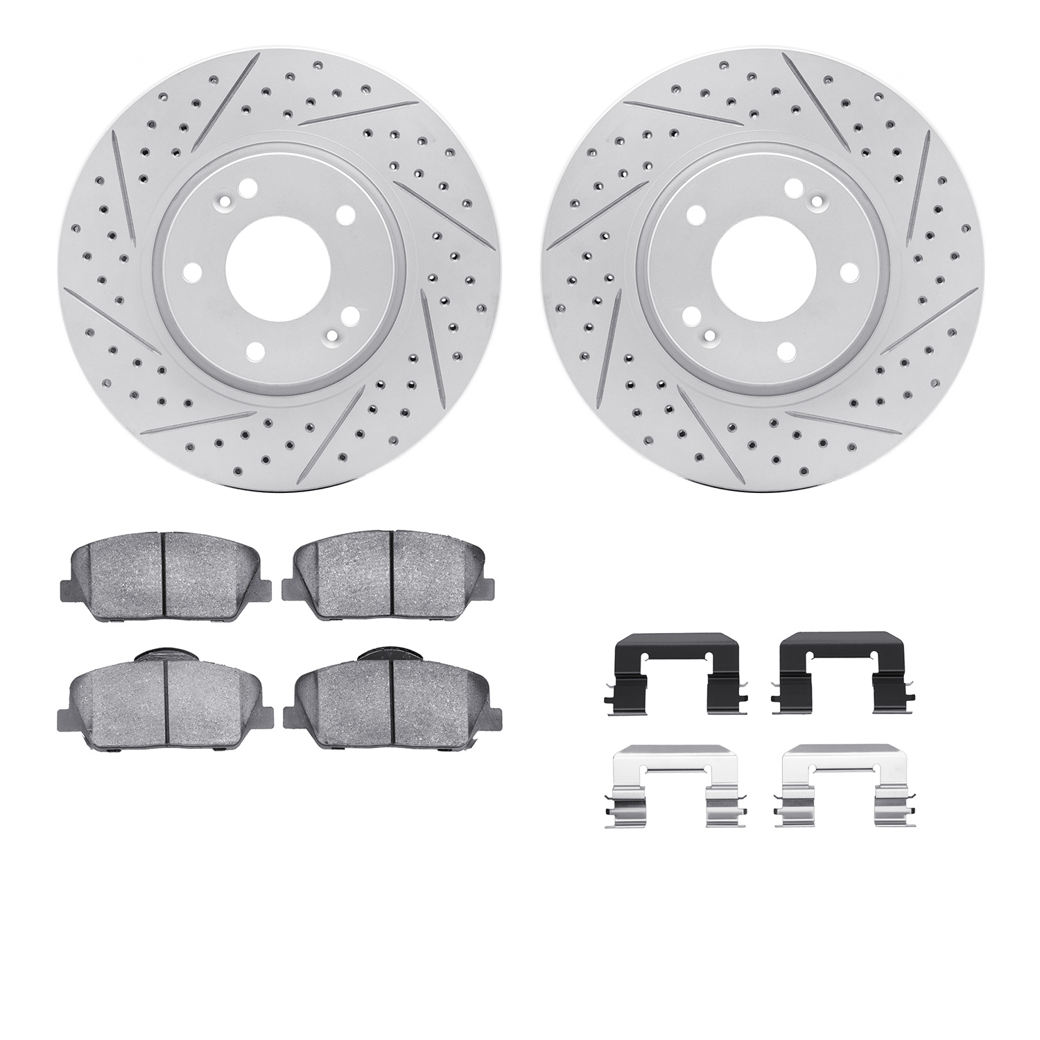 2512-03021 Geoperformance Drilled/Slotted Rotors w/5000 Advanced Brake Pads Kit & Hardware, 2013-2015 Kia/Hyundai/Genesis, Posit