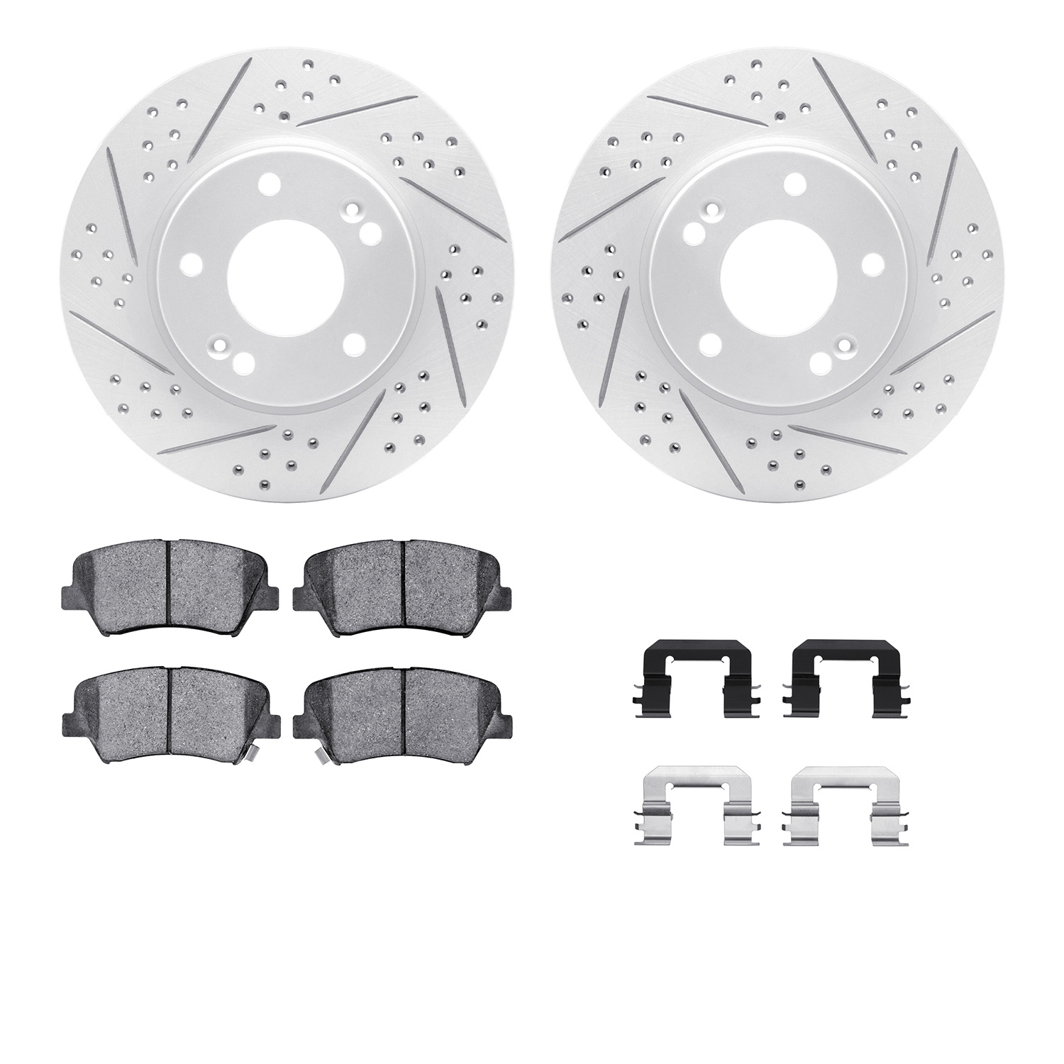 2512-03057 Geoperformance Drilled/Slotted Rotors w/5000 Advanced Brake Pads Kit & Hardware, 2012-2016 Kia/Hyundai/Genesis, Posit