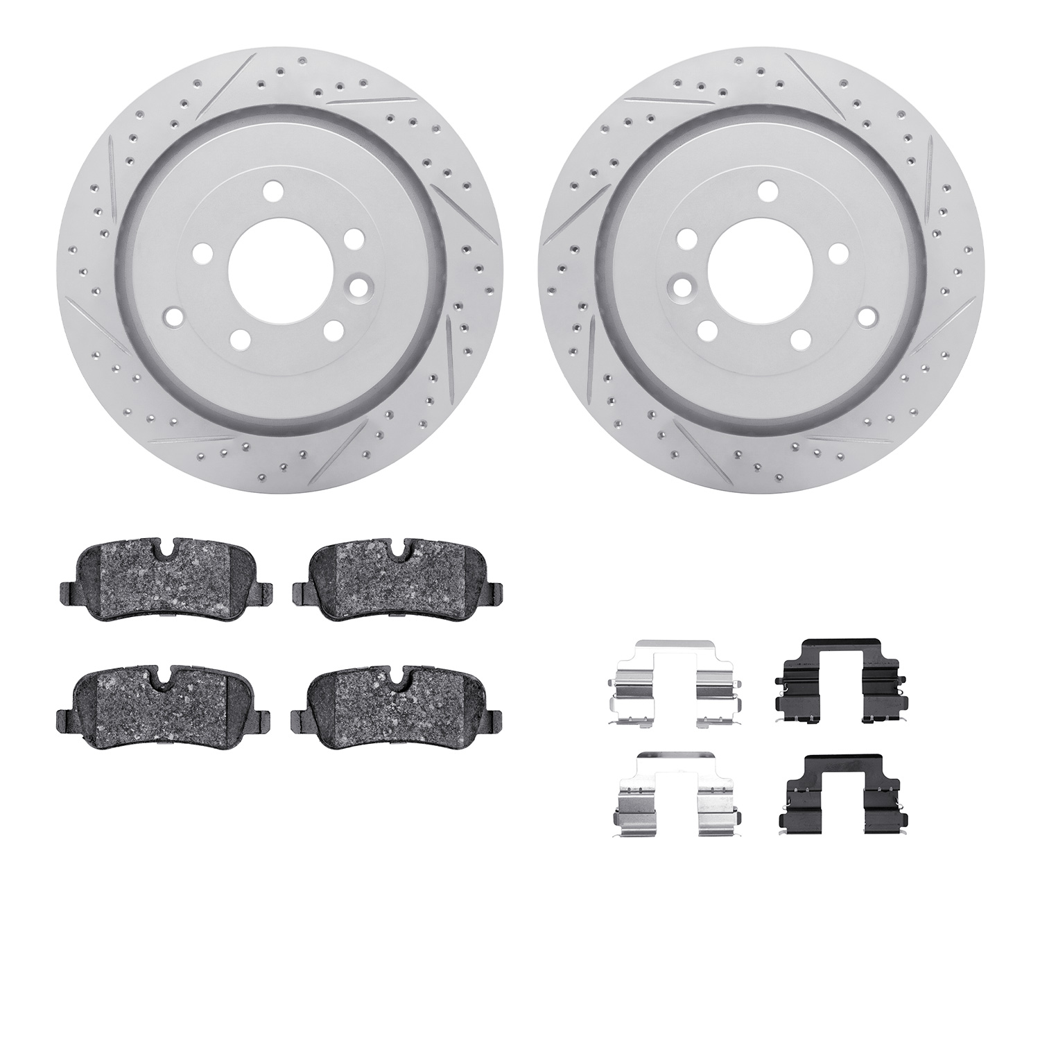 2512-11005 Geoperformance Drilled/Slotted Rotors w/5000 Advanced Brake Pads Kit & Hardware, 2010-2013 Land Rover, Position: Rear