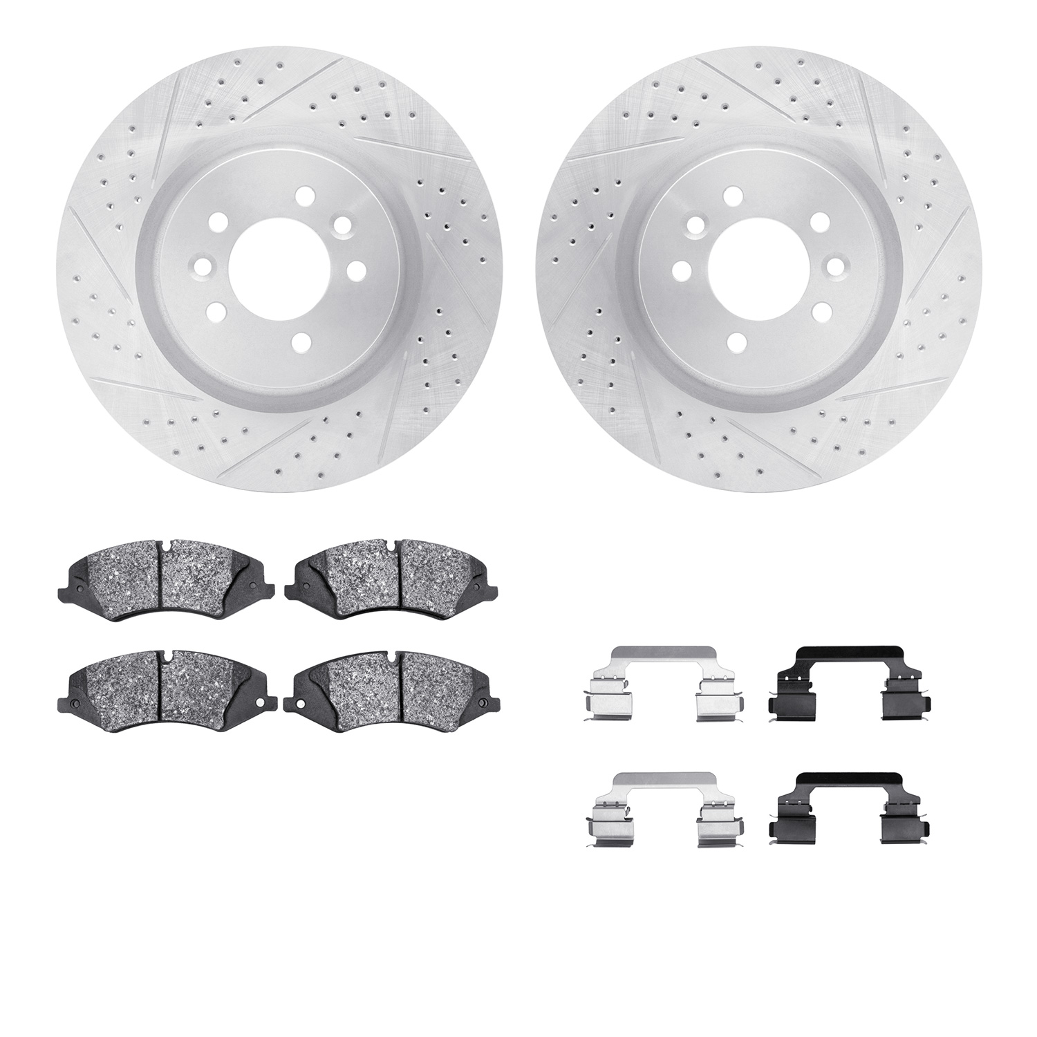 2512-11006 Geoperformance Drilled/Slotted Rotors w/5000 Advanced Brake Pads Kit & Hardware, 2010-2017 Land Rover, Position: Fron