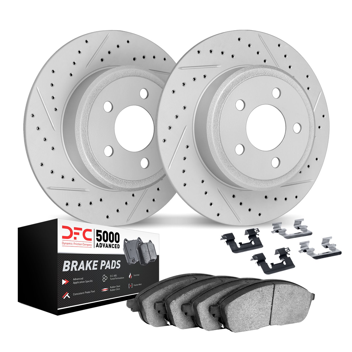 2512-11011 Geoperformance Drilled/Slotted Rotors w/5000 Advanced Brake Pads Kit & Hardware, 2003-2005 Land Rover, Position: Rear