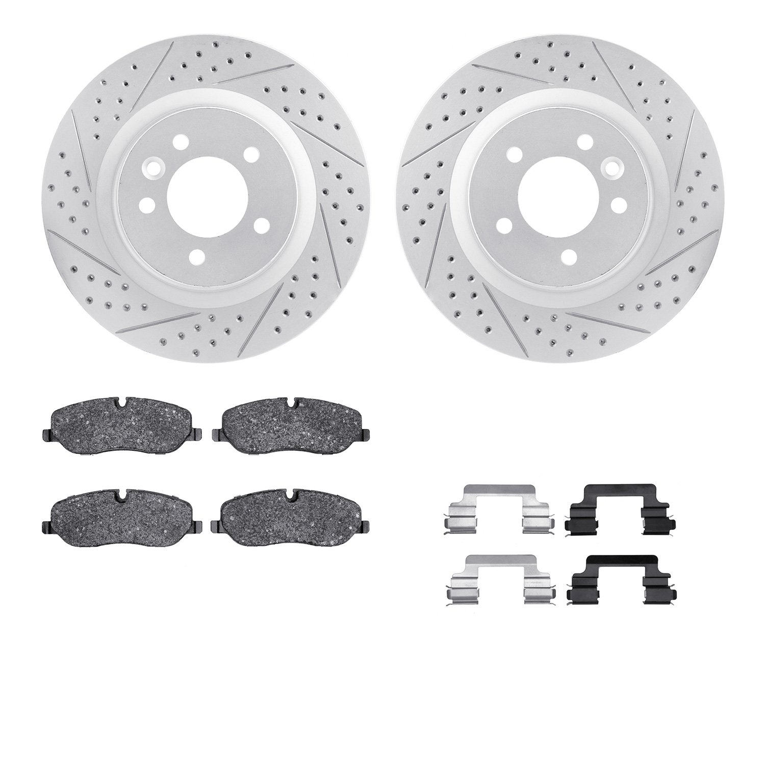 2512-11012 Geoperformance Drilled/Slotted Rotors w/5000 Advanced Brake Pads Kit & Hardware, 2005-2009 Land Rover, Position: Fron