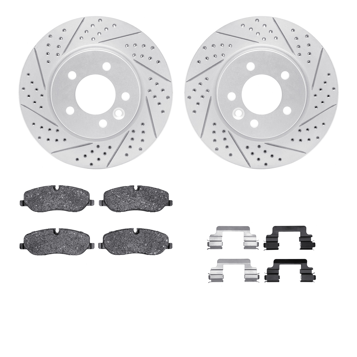 2512-11013 Geoperformance Drilled/Slotted Rotors w/5000 Advanced Brake Pads Kit & Hardware, 2005-2007 Land Rover, Position: Fron