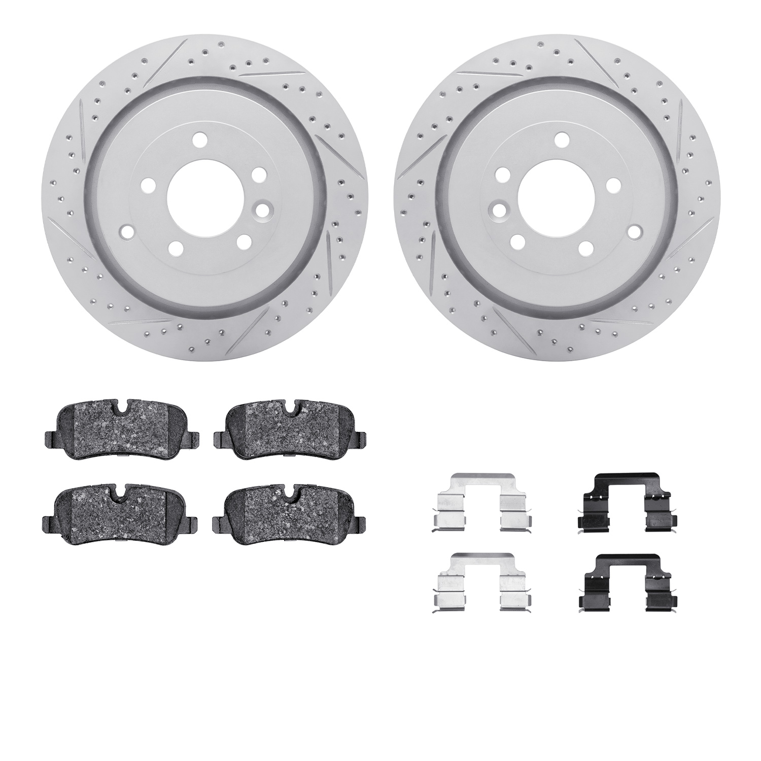2512-11015 Geoperformance Drilled/Slotted Rotors w/5000 Advanced Brake Pads Kit & Hardware, 2005-2016 Land Rover, Position: Rear