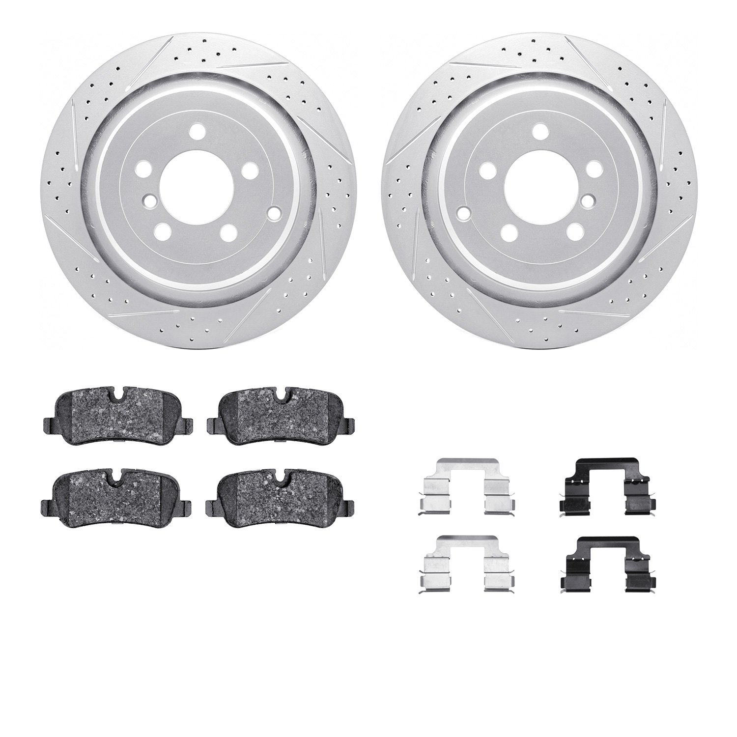 2512-11017 Geoperformance Drilled/Slotted Rotors w/5000 Advanced Brake Pads Kit & Hardware, 2006-2012 Land Rover, Position: Rear