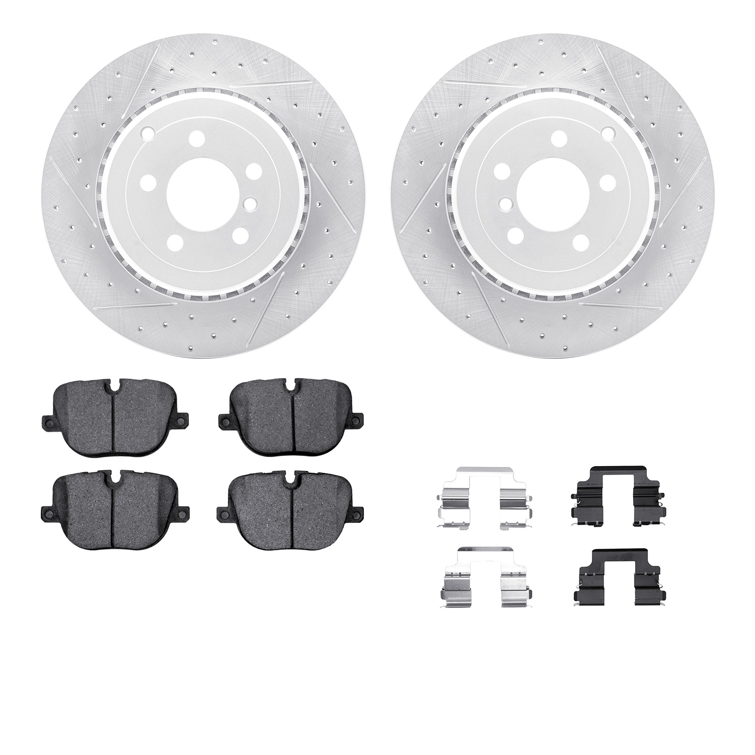 2512-11023 Geoperformance Drilled/Slotted Rotors w/5000 Advanced Brake Pads Kit & Hardware, 2010-2012 Land Rover, Position: Rear