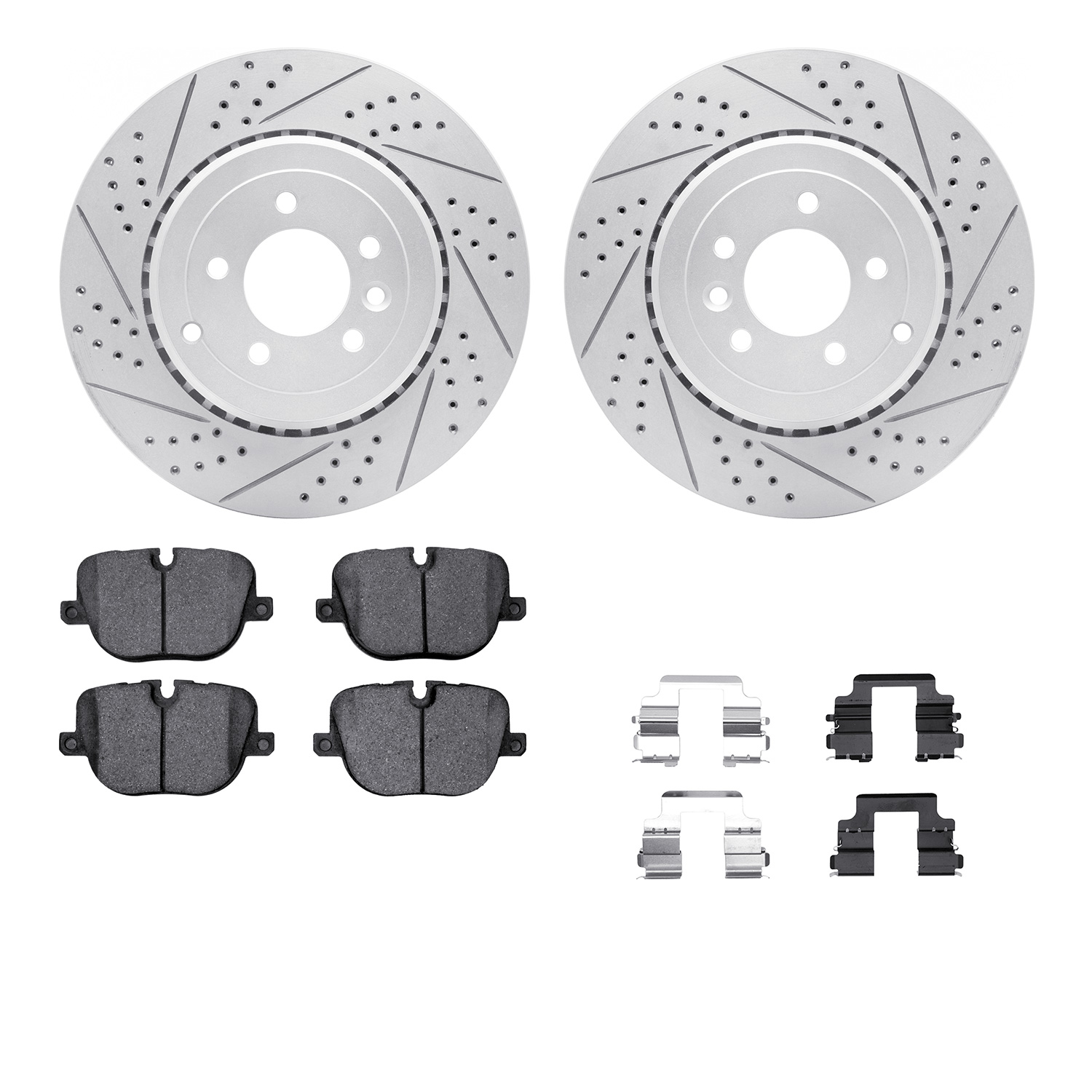 2512-11024 Geoperformance Drilled/Slotted Rotors w/5000 Advanced Brake Pads Kit & Hardware, 2010-2013 Land Rover, Position: Rear
