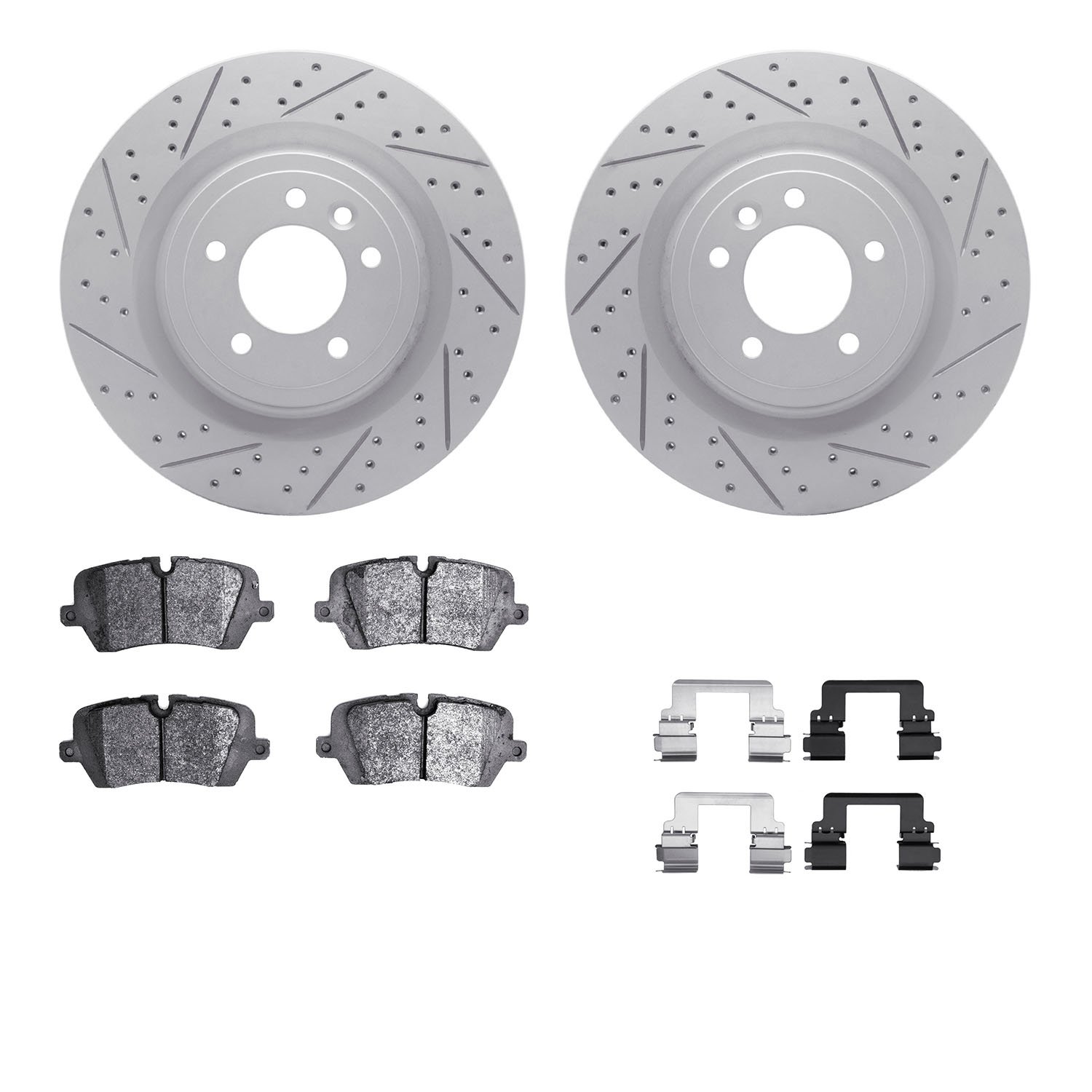 2512-11027 Geoperformance Drilled/Slotted Rotors w/5000 Advanced Brake Pads Kit & Hardware, Fits Select Land Rover, Position: Re