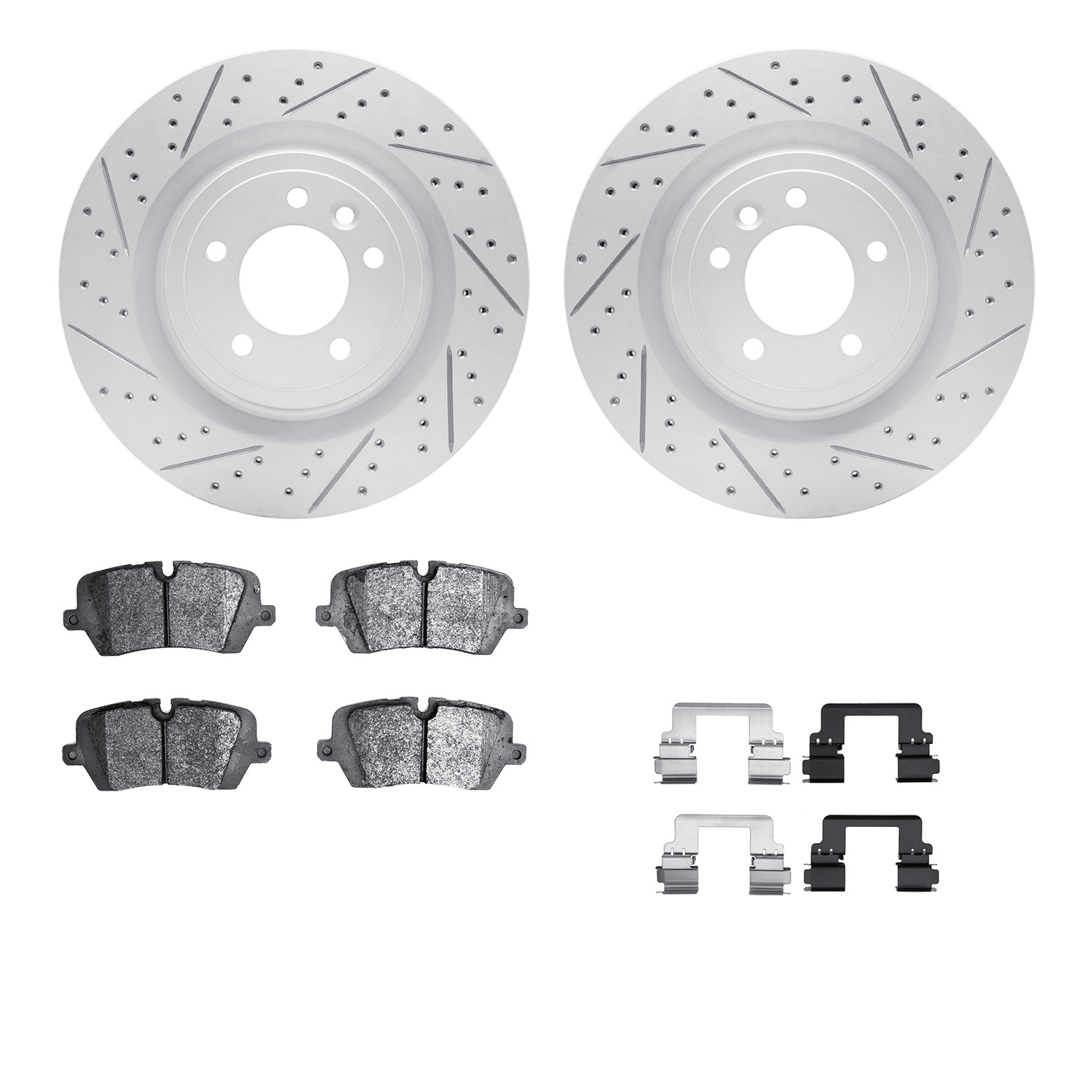2512-11028 Geoperformance Drilled/Slotted Rotors w/5000 Advanced Brake Pads Kit & Hardware, 2014-2017 Land Rover, Position: Rear