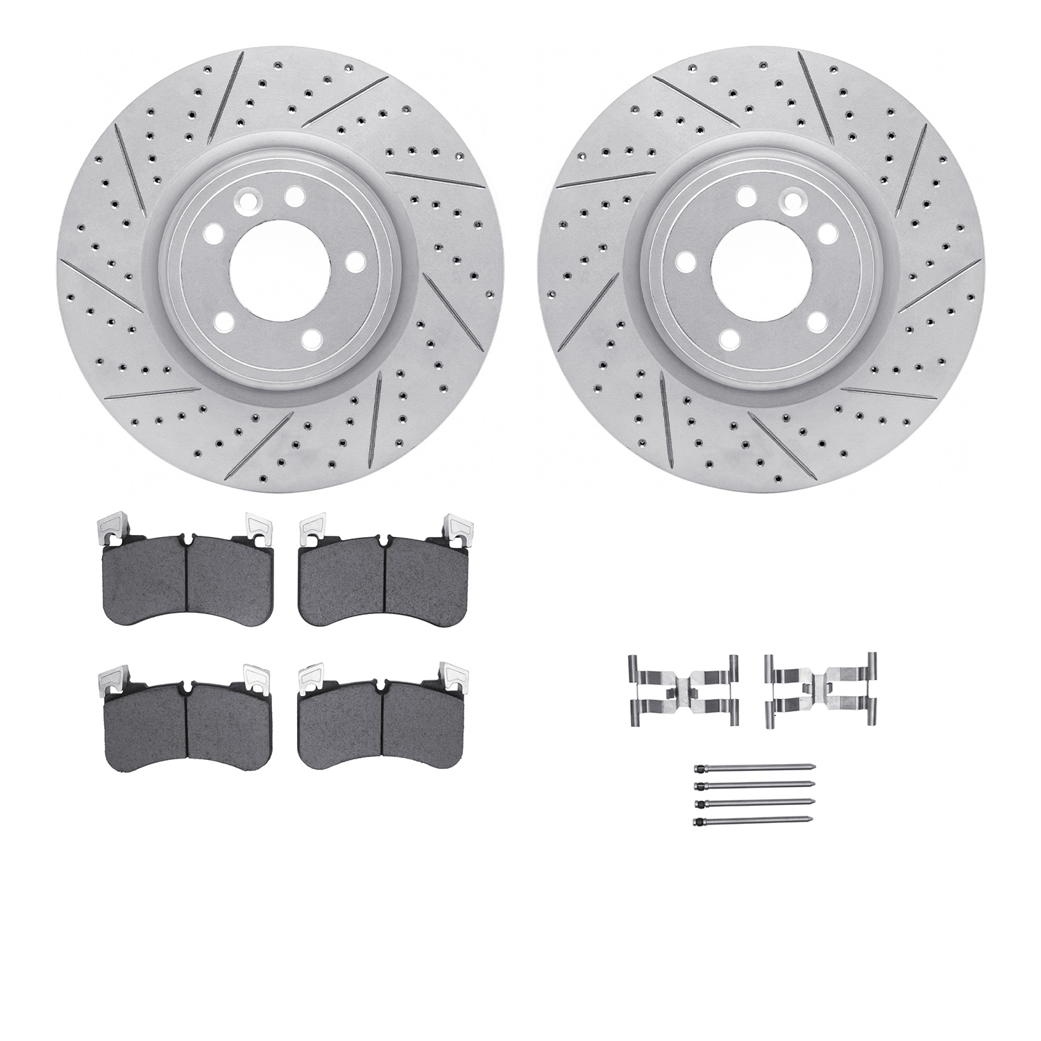 2512-11037 Geoperformance Drilled/Slotted Rotors w/5000 Advanced Brake Pads Kit & Hardware, 2018-2021 Land Rover, Position: Fron
