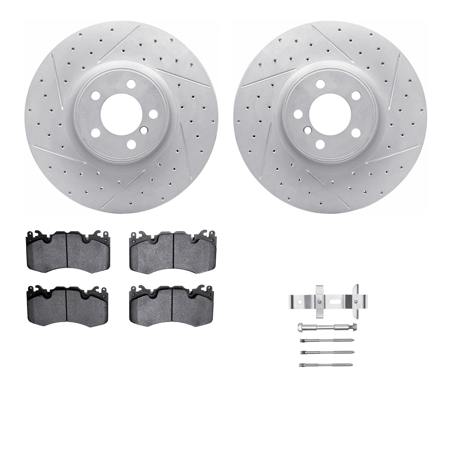 2512-11087 Geoperformance Drilled/Slotted Rotors w/5000 Advanced Brake Pads Kit & Hardware, 2010-2012 Land Rover, Position: Fron