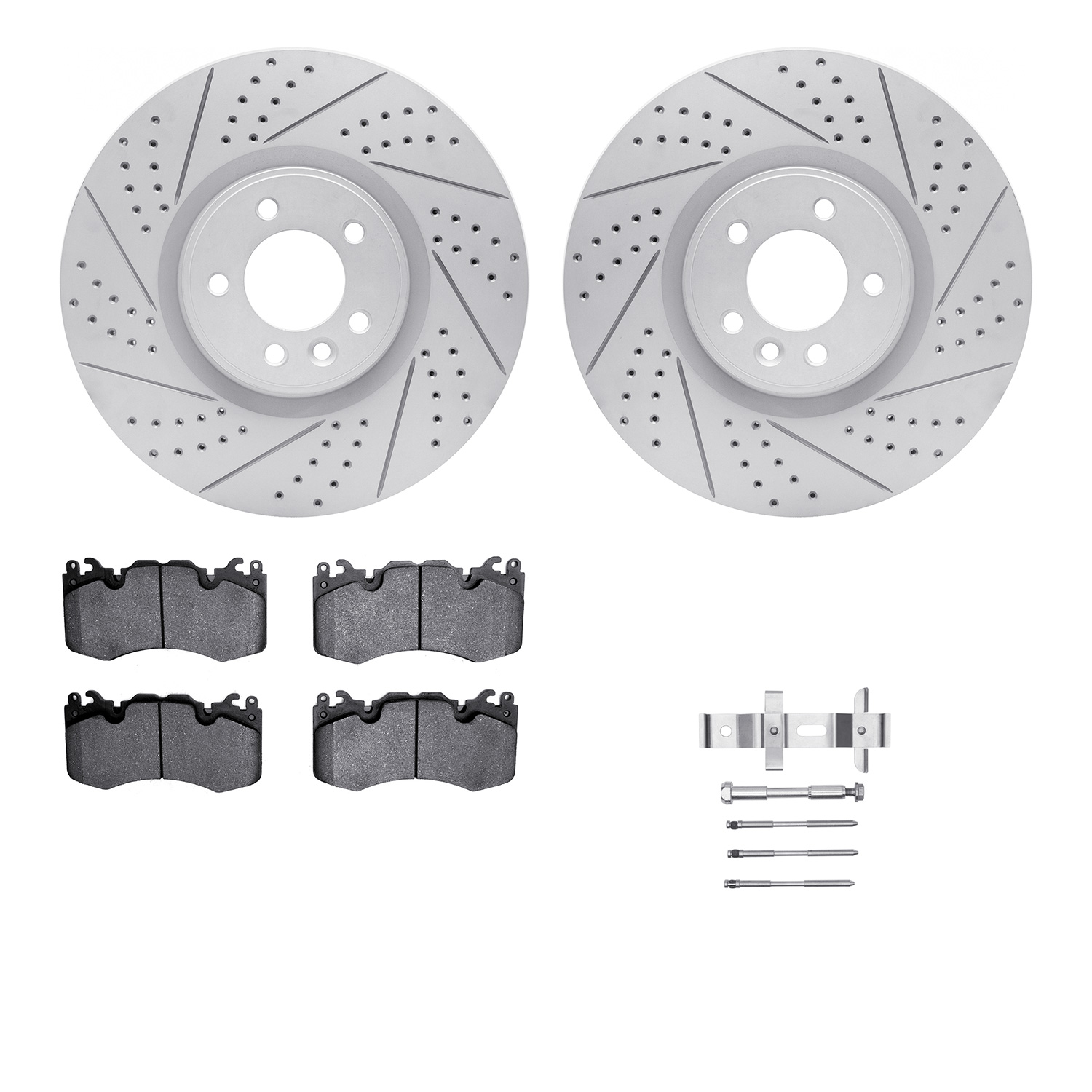 2512-11094 Geoperformance Drilled/Slotted Rotors w/5000 Advanced Brake Pads Kit & Hardware, 2010-2017 Land Rover, Position: Fron