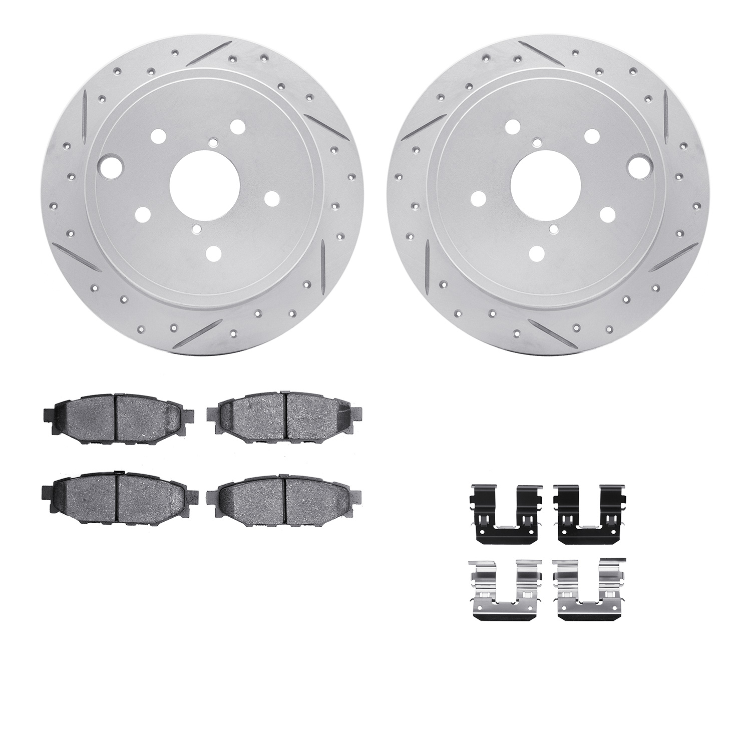 2512-13017 Geoperformance Drilled/Slotted Rotors w/5000 Advanced Brake Pads Kit & Hardware, 2015-2021 Subaru, Position: Rear