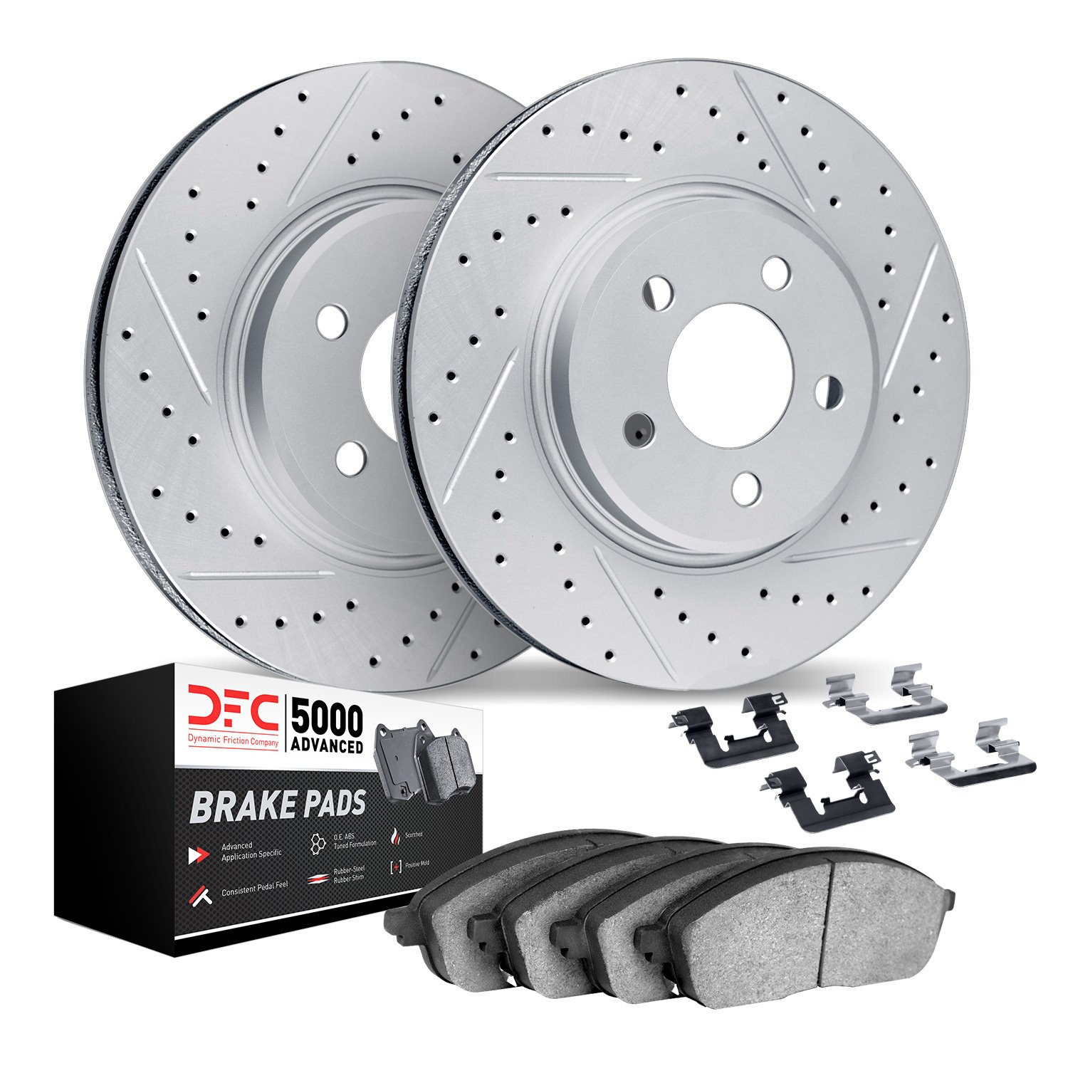 2512-13029 Geoperformance Drilled/Slotted Rotors w/5000 Advanced Brake Pads Kit & Hardware, 2004-2012 Subaru, Position: Front