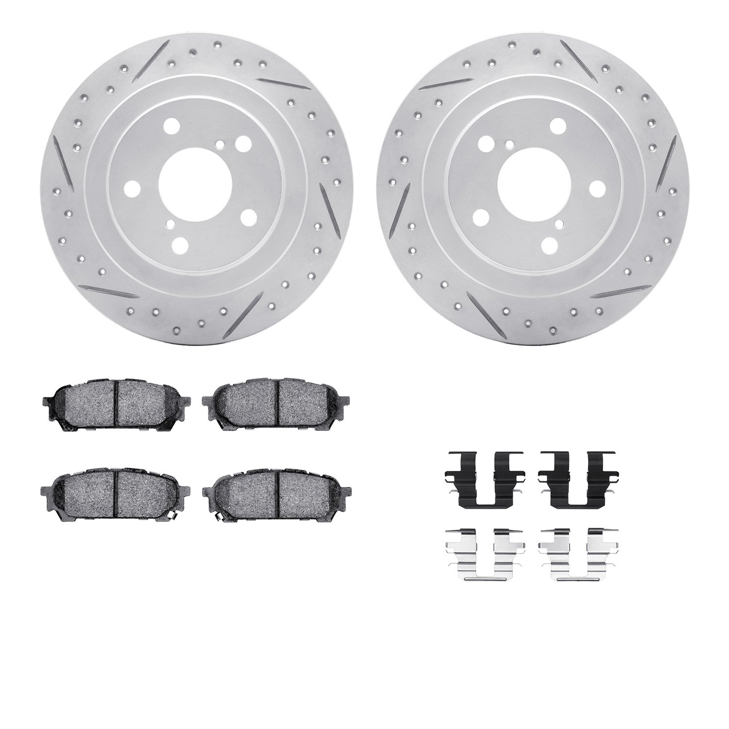 2512-13036 Geoperformance Drilled/Slotted Rotors w/5000 Advanced Brake Pads Kit & Hardware, 2003-2008 GM, Position: Rear
