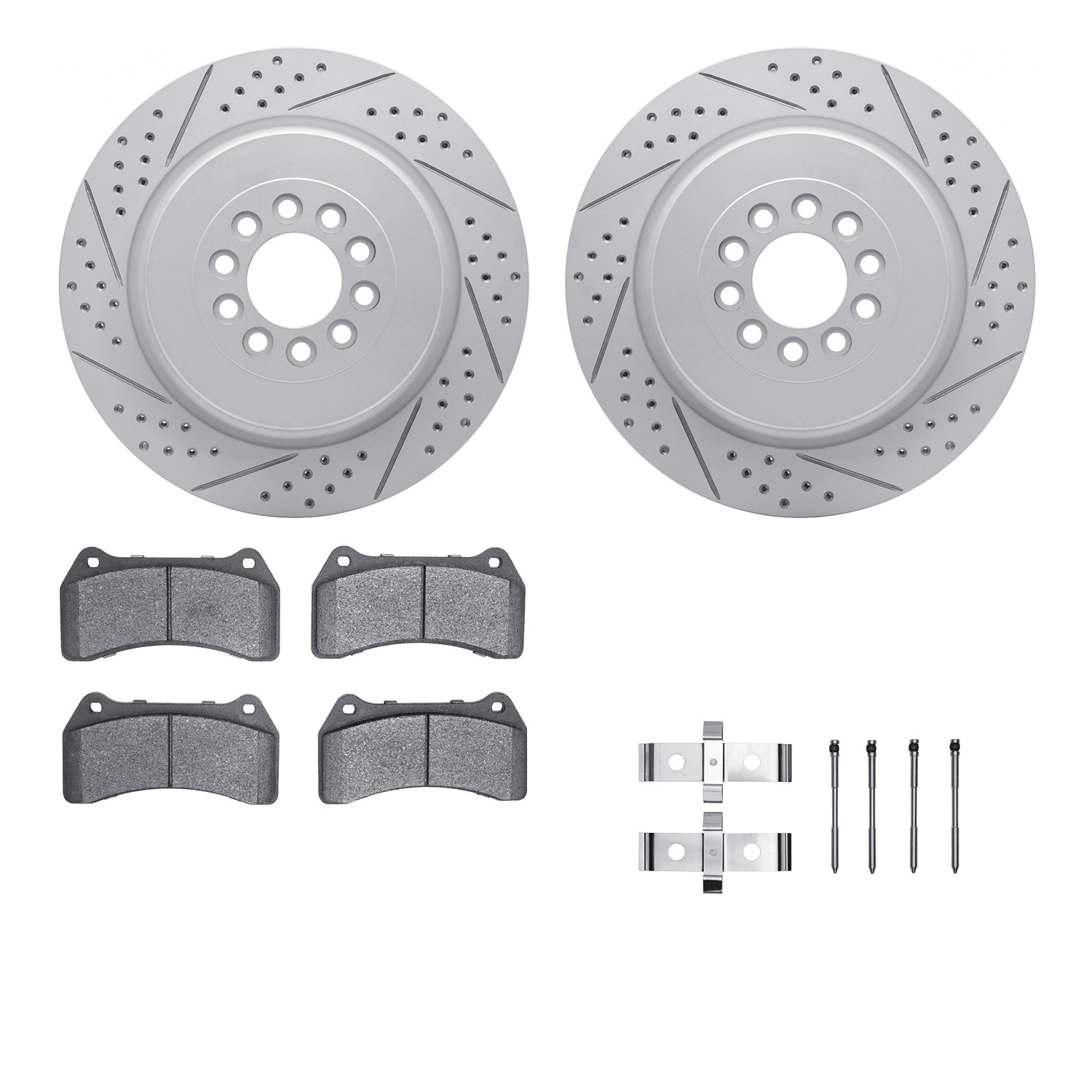 2512-20005 Geoperformance Drilled/Slotted Rotors w/5000 Advanced Brake Pads Kit & Hardware, 2003-2005 Jaguar, Position: Front