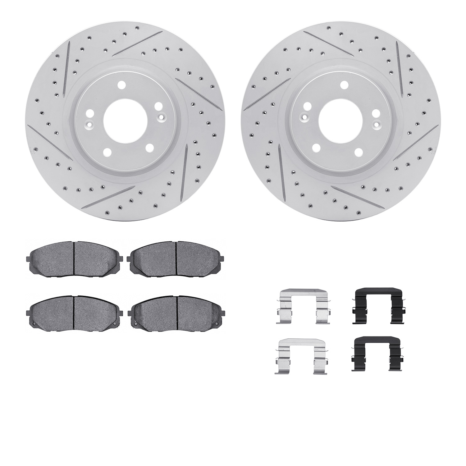 2512-21024 Geoperformance Drilled/Slotted Rotors w/5000 Advanced Brake Pads Kit & Hardware, 2015-2021 Kia/Hyundai/Genesis, Posit