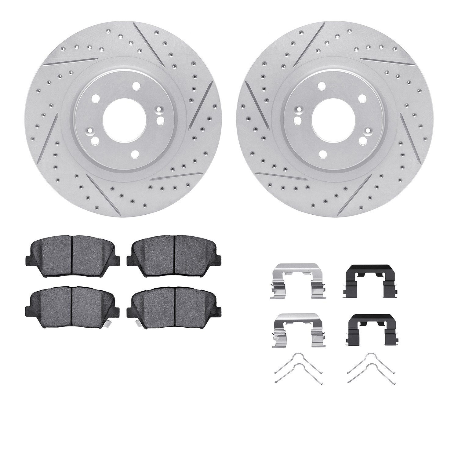 2512-21039 Geoperformance Drilled/Slotted Rotors w/5000 Advanced Brake Pads Kit & Hardware, 2015-2020 Kia/Hyundai/Genesis, Posit