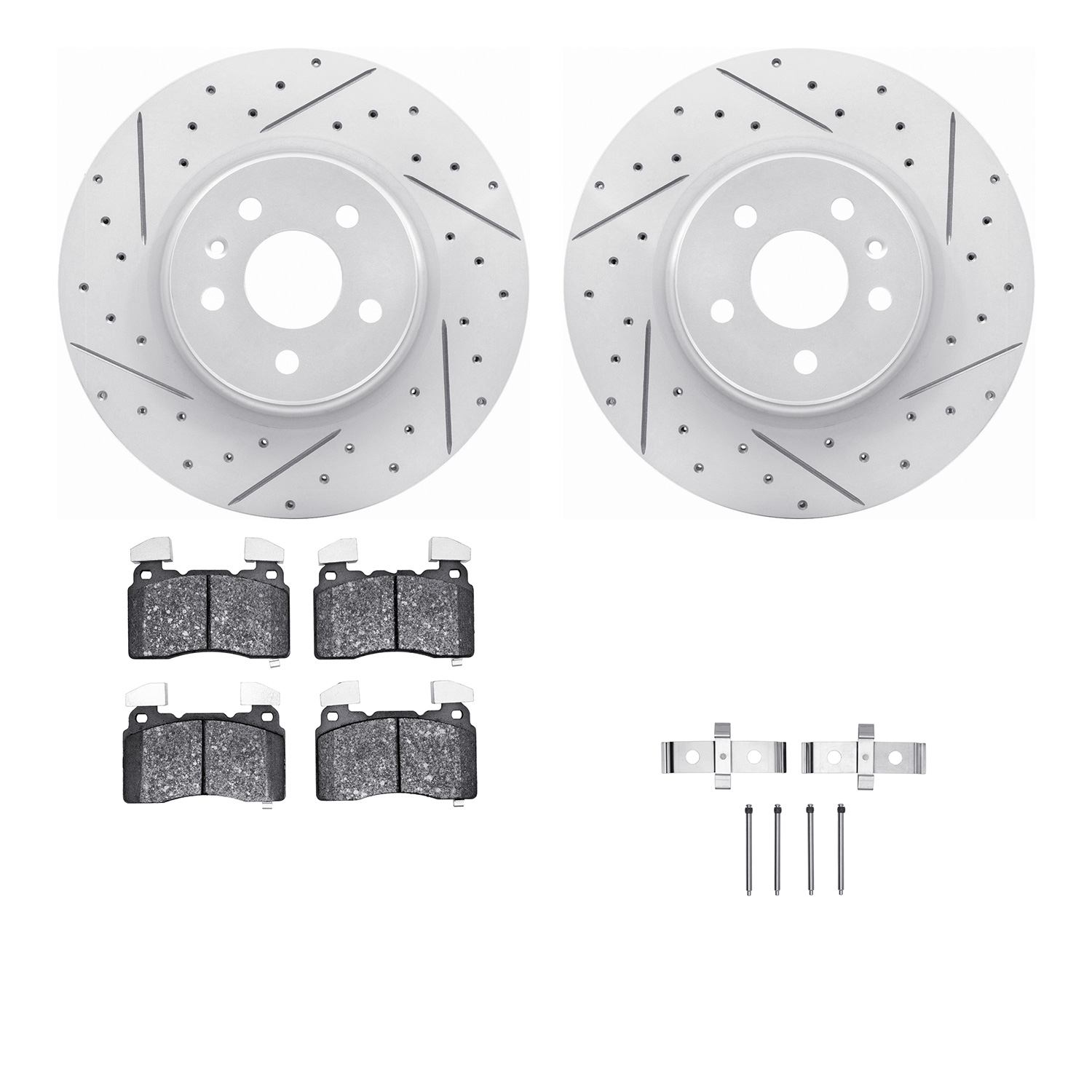 2512-26003 Geoperformance Drilled/Slotted Rotors w/5000 Advanced Brake Pads Kit & Hardware, 2012-2013 Tesla, Position: Front
