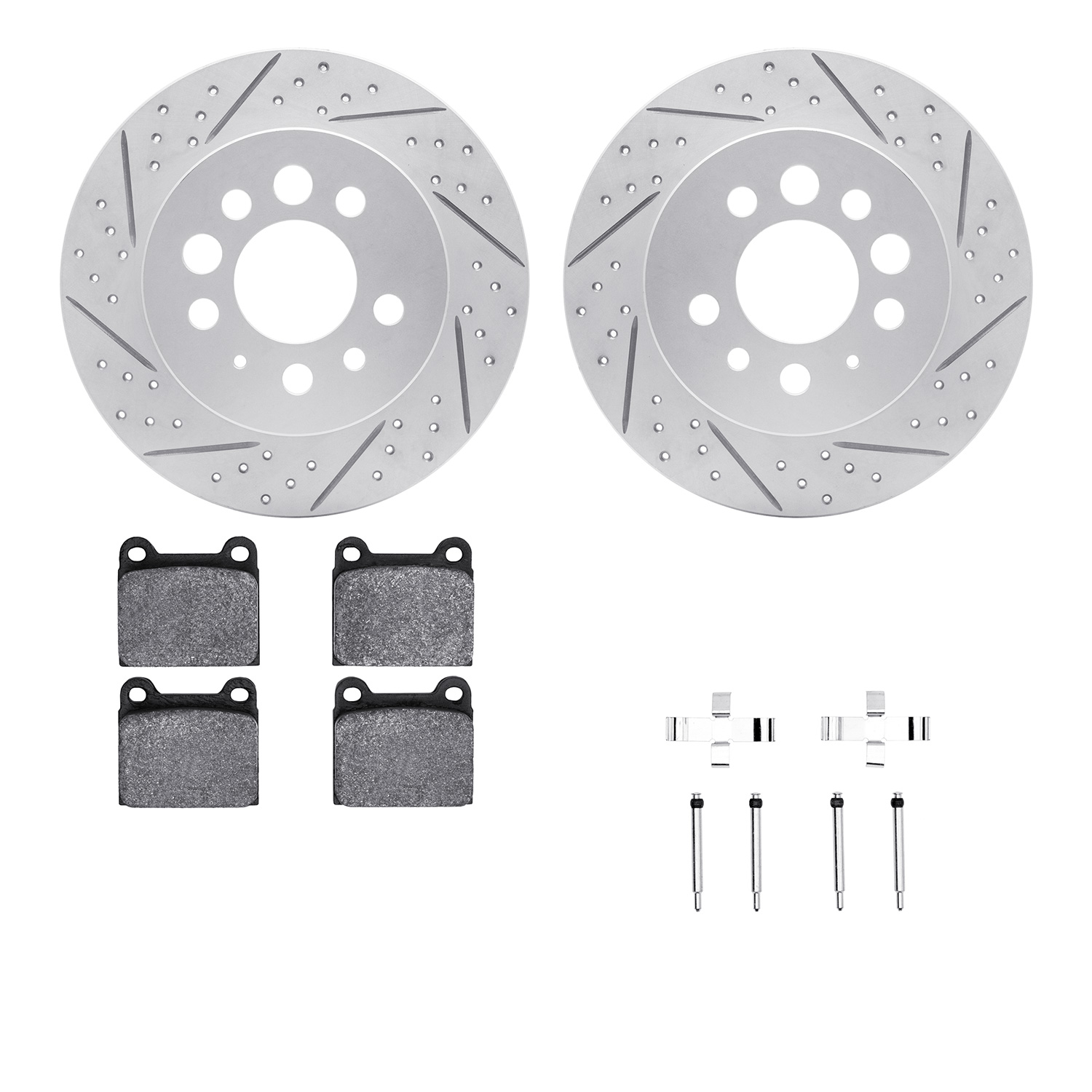 2512-27004 Geoperformance Drilled/Slotted Rotors w/5000 Advanced Brake Pads Kit & Hardware, 1974-1975 Volvo, Position: Rear