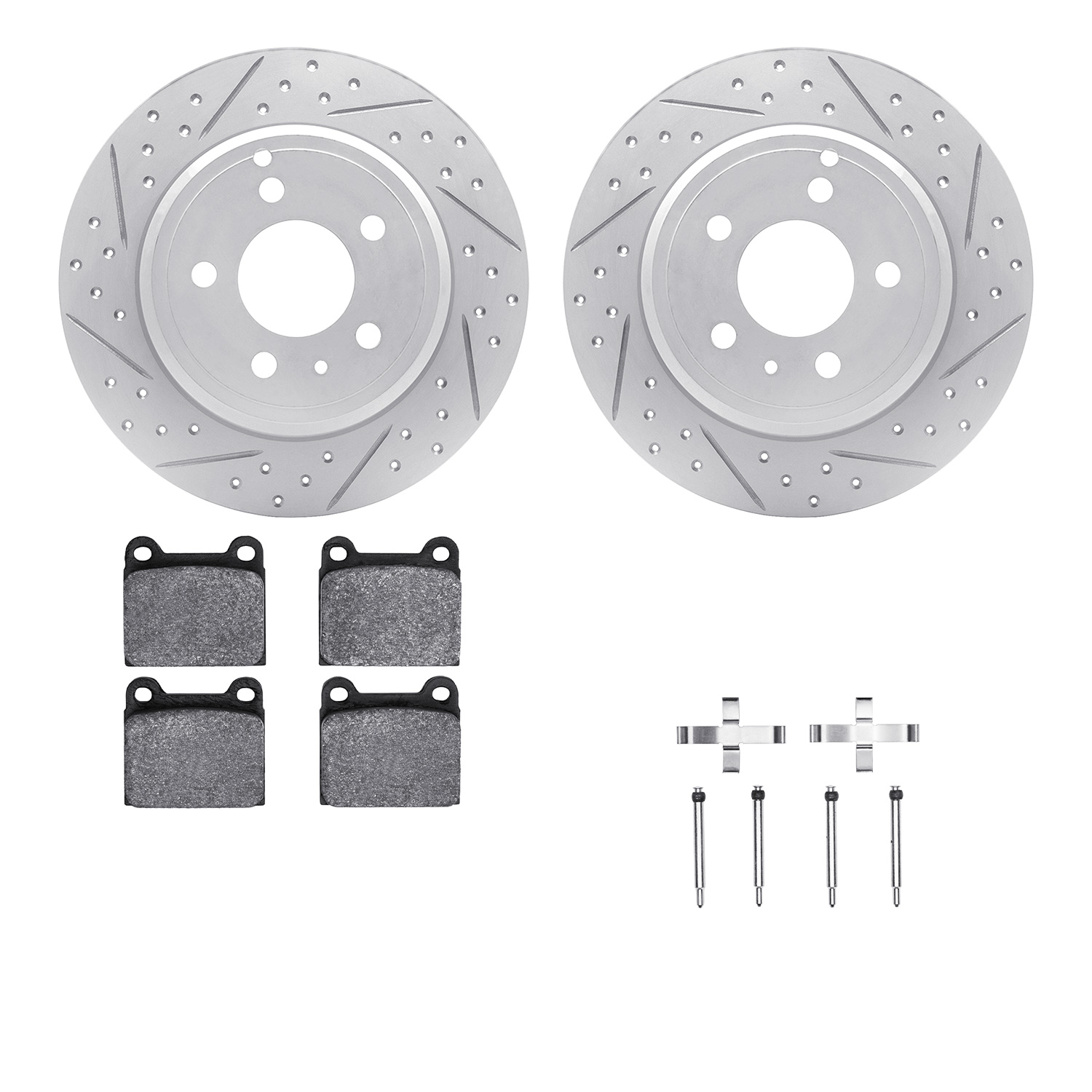 2512-27009 Geoperformance Drilled/Slotted Rotors w/5000 Advanced Brake Pads Kit & Hardware, 1996-2004 Volvo, Position: Rear