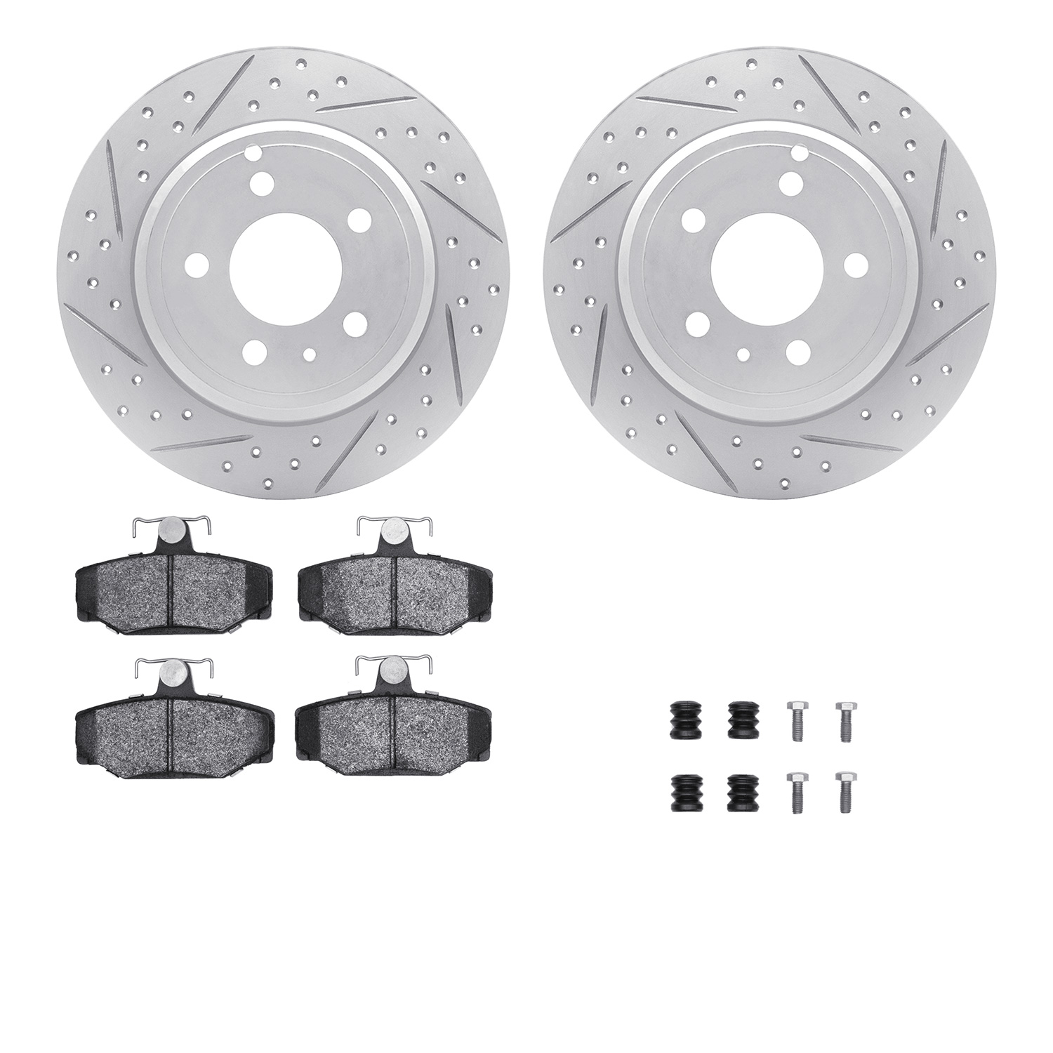 2512-27010 Geoperformance Drilled/Slotted Rotors w/5000 Advanced Brake Pads Kit & Hardware, 1996-1997 Volvo, Position: Rear