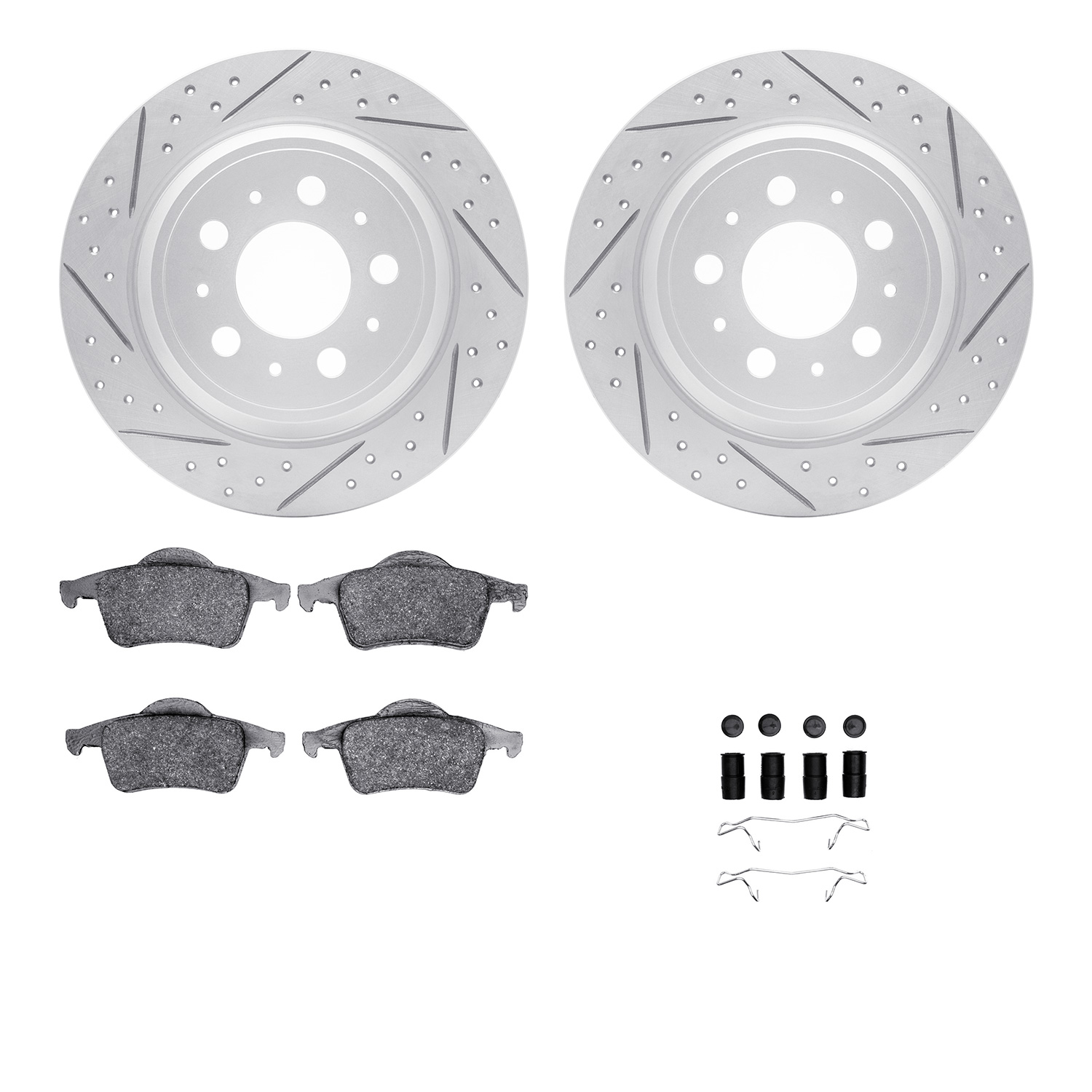 2512-27013 Geoperformance Drilled/Slotted Rotors w/5000 Advanced Brake Pads Kit & Hardware, 1999-2009 Volvo, Position: Rear