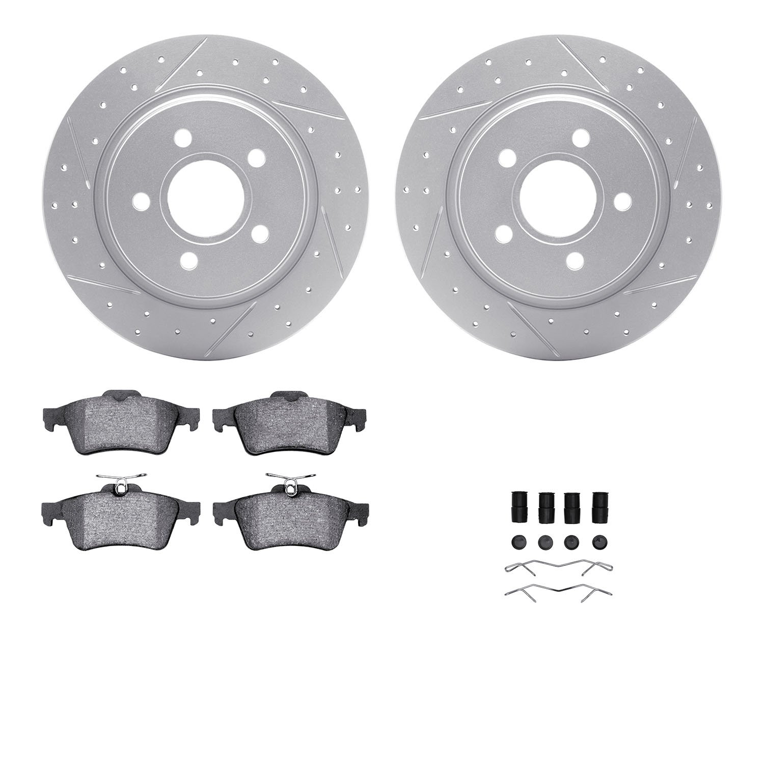 2512-27018 Geoperformance Drilled/Slotted Rotors w/5000 Advanced Brake Pads Kit & Hardware, 2004-2013 Volvo, Position: Rear