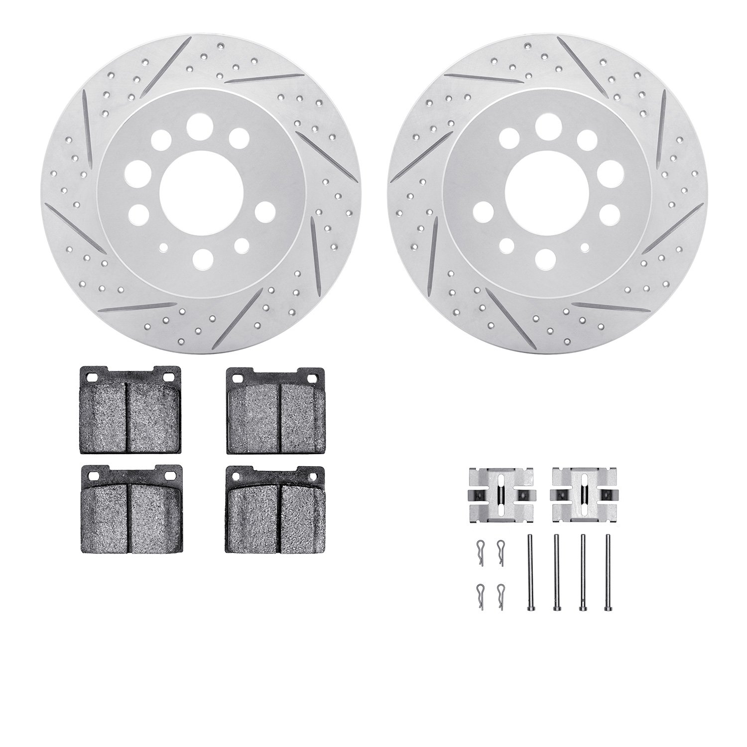 2512-27055 Geoperformance Drilled/Slotted Rotors w/5000 Advanced Brake Pads Kit & Hardware, 1975-1987 Volvo, Position: Rear