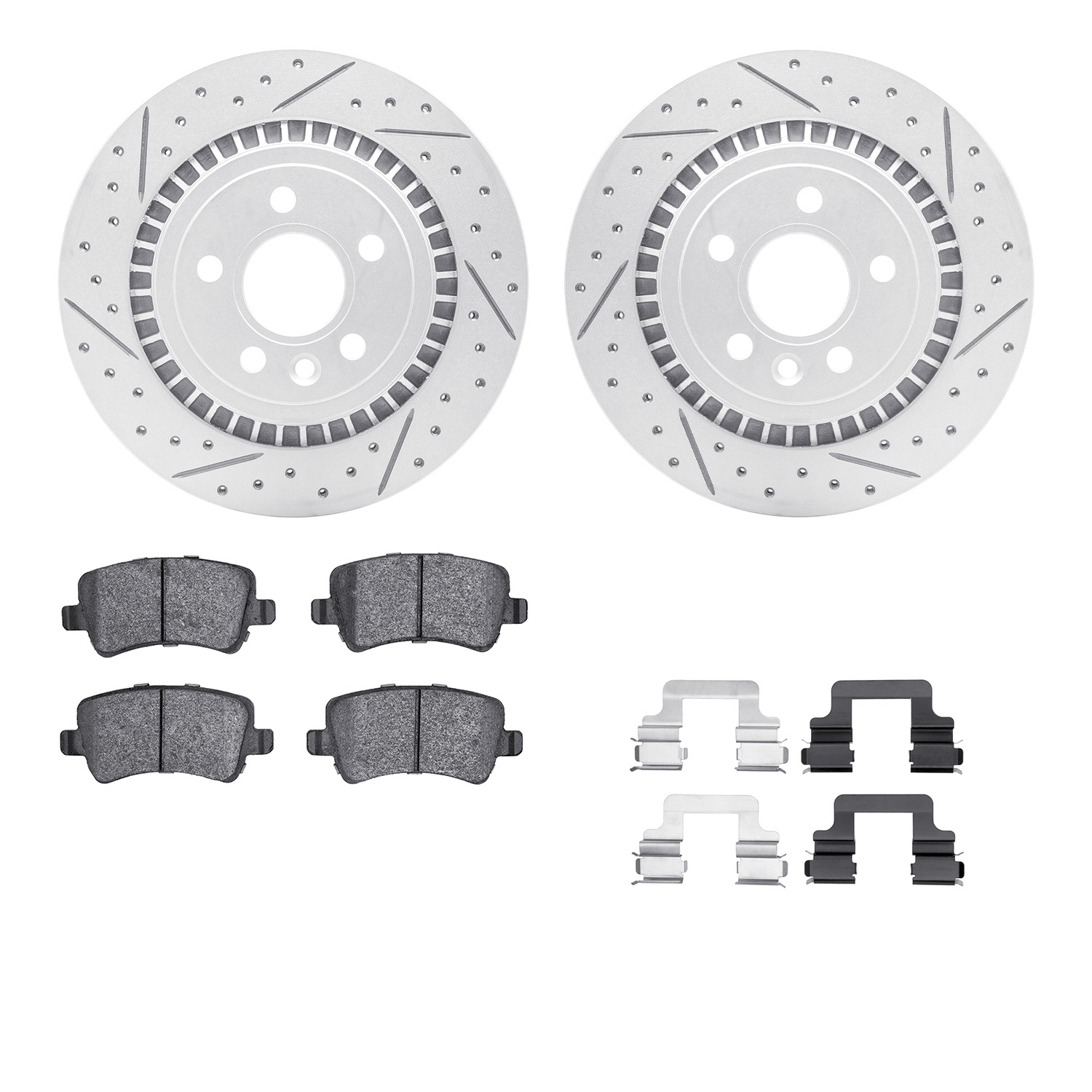 2512-27181 Geoperformance Drilled/Slotted Rotors w/5000 Advanced Brake Pads Kit & Hardware, 2016-2018 Volvo, Position: Rear