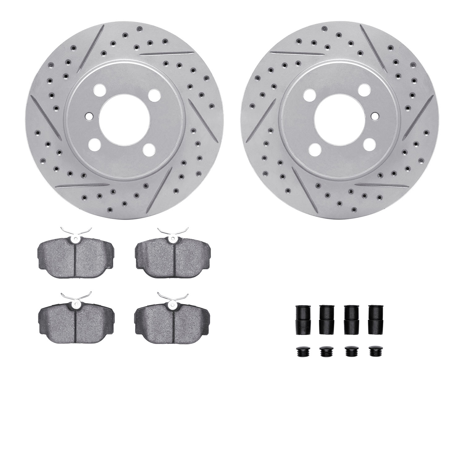 2512-31001 Geoperformance Drilled/Slotted Rotors w/5000 Advanced Brake Pads Kit & Hardware, 1984-1991 BMW, Position: Front