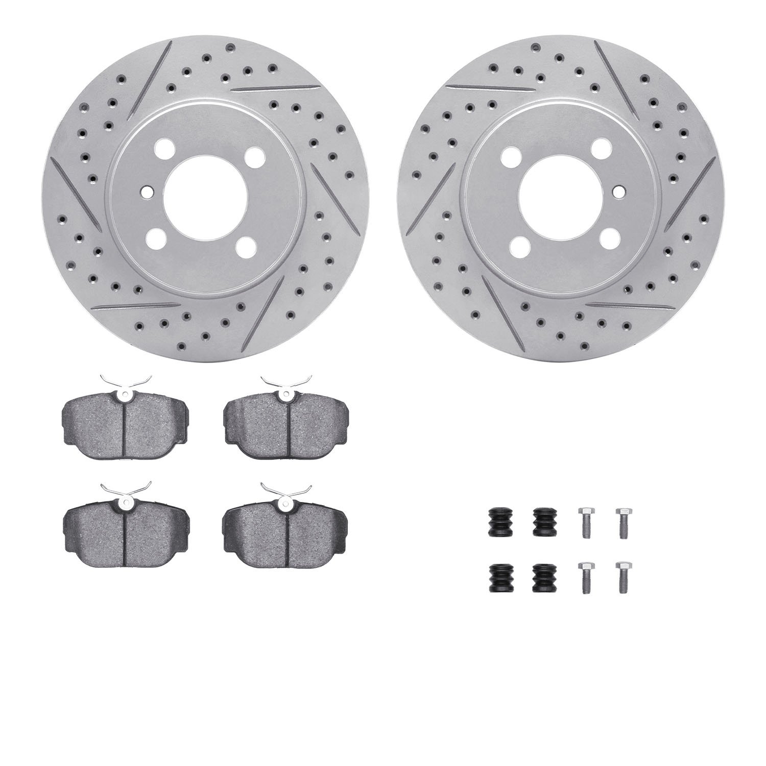 2512-31002 Geoperformance Drilled/Slotted Rotors w/5000 Advanced Brake Pads Kit & Hardware, 1984-1991 BMW, Position: Front
