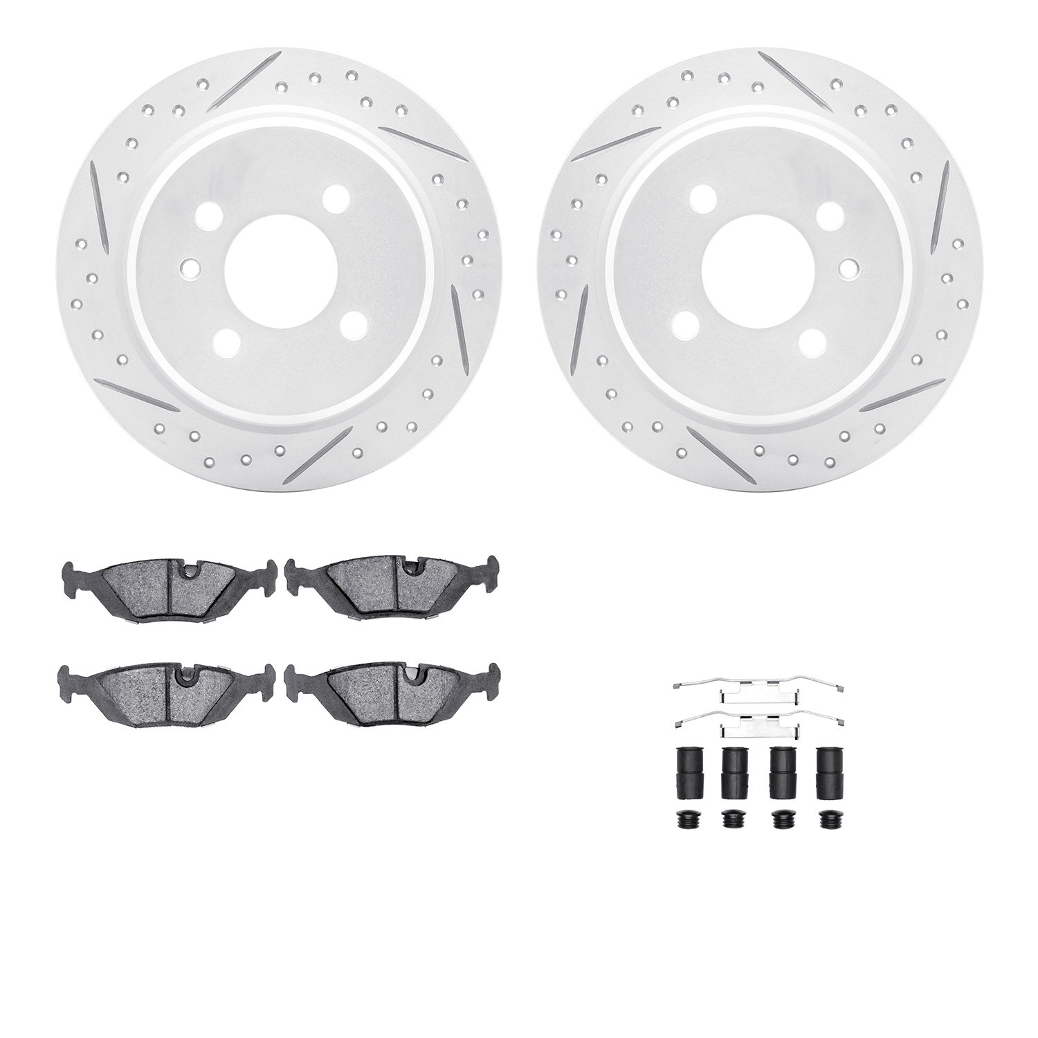 2512-31003 Geoperformance Drilled/Slotted Rotors w/5000 Advanced Brake Pads Kit & Hardware, 1984-1991 BMW, Position: Rear
