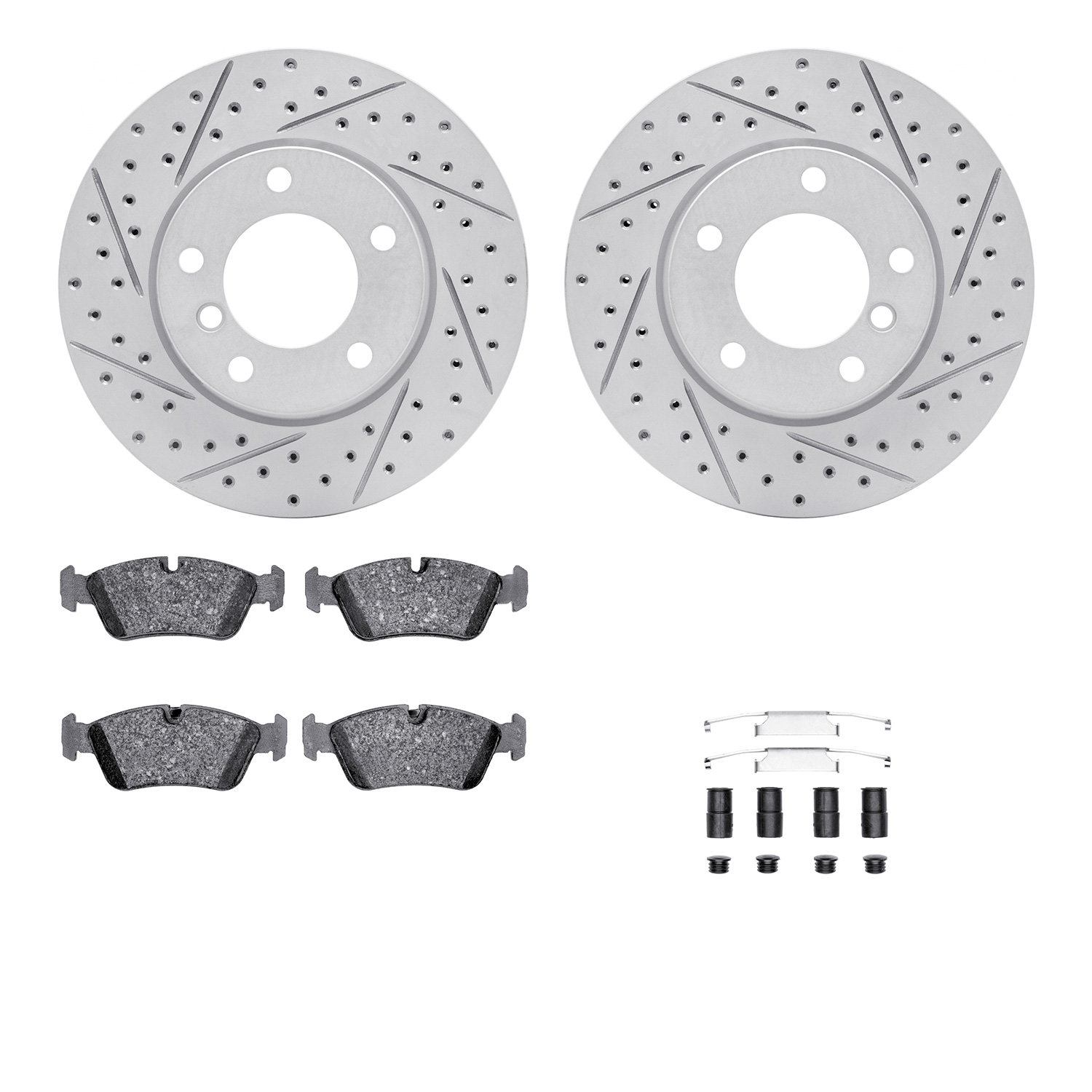 2512-31007 Geoperformance Drilled/Slotted Rotors w/5000 Advanced Brake Pads Kit & Hardware, 1991-1998 BMW, Position: Front