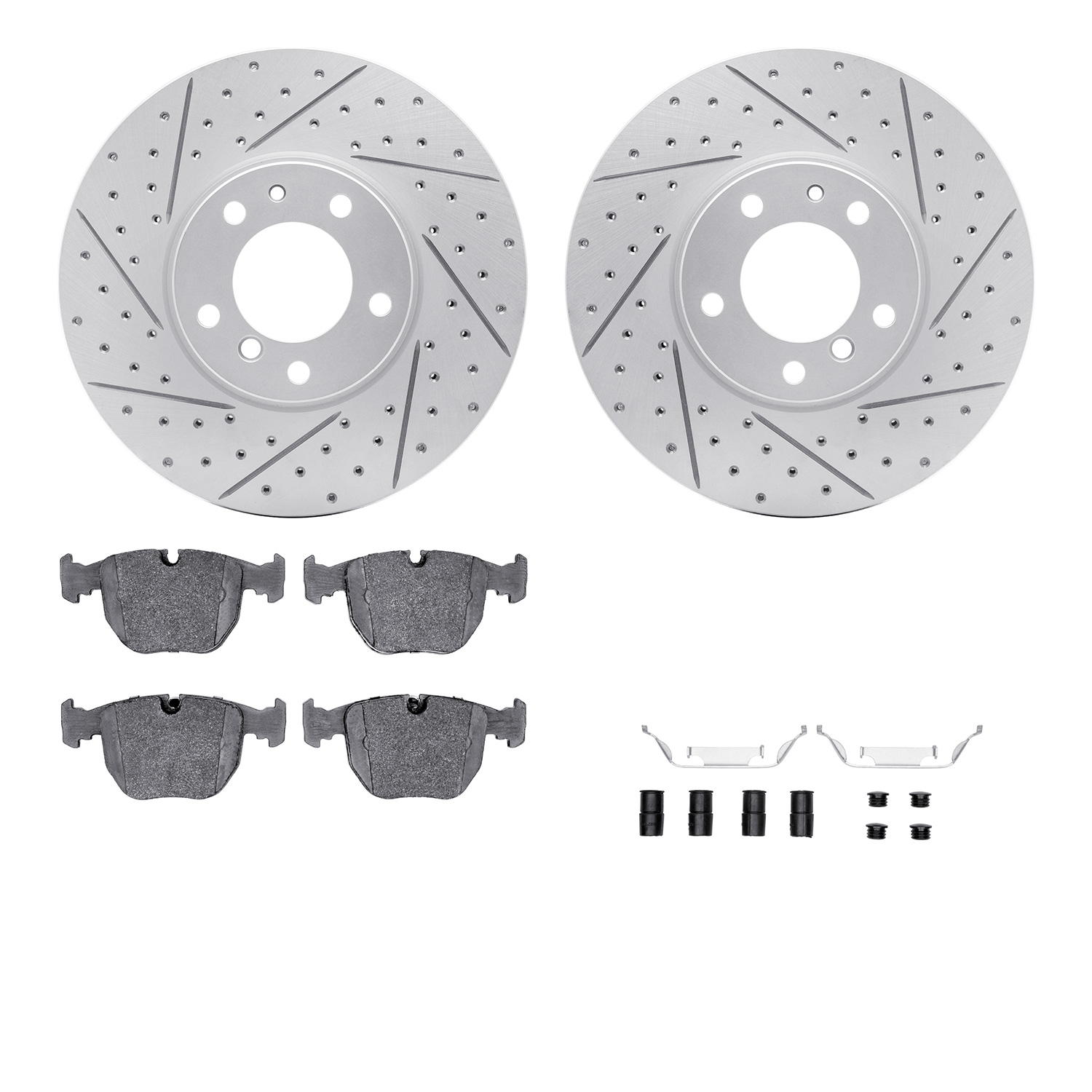 2512-31010 Geoperformance Drilled/Slotted Rotors w/5000 Advanced Brake Pads Kit & Hardware, 1995-2001 BMW, Position: Front