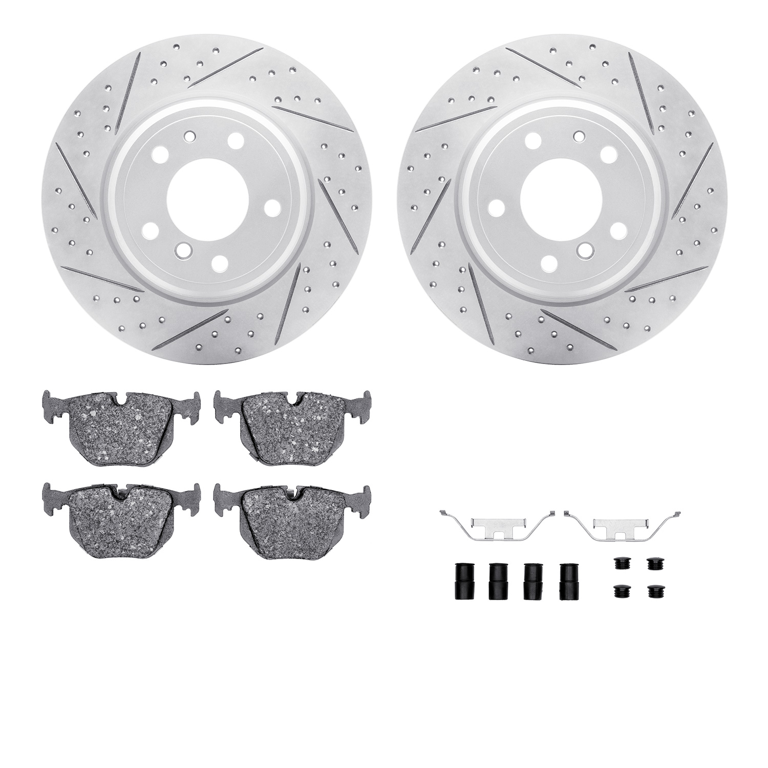 2512-31013 Geoperformance Drilled/Slotted Rotors w/5000 Advanced Brake Pads Kit & Hardware, 1991-2001 BMW, Position: Rear