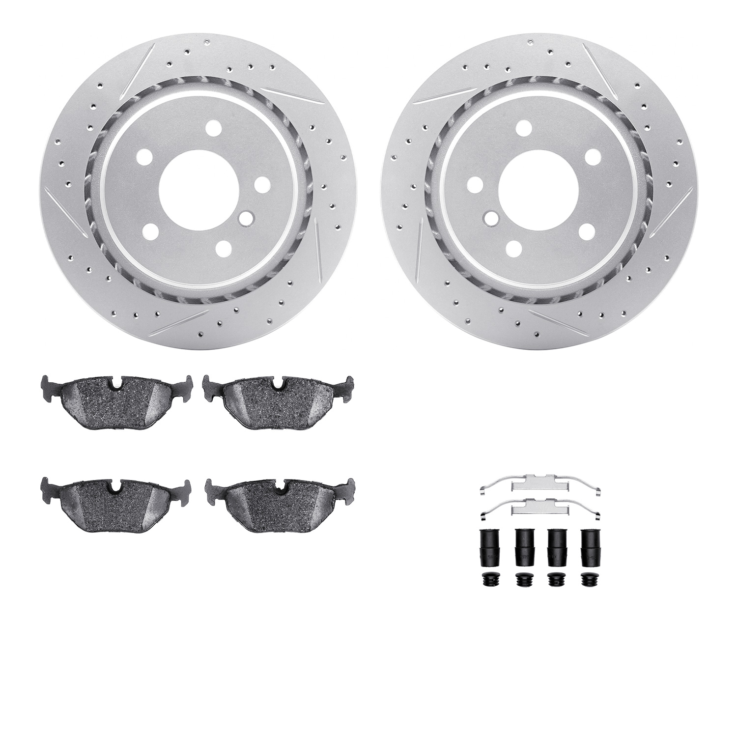 2512-31014 Geoperformance Drilled/Slotted Rotors w/5000 Advanced Brake Pads Kit & Hardware, 1995-2002 BMW, Position: Rear