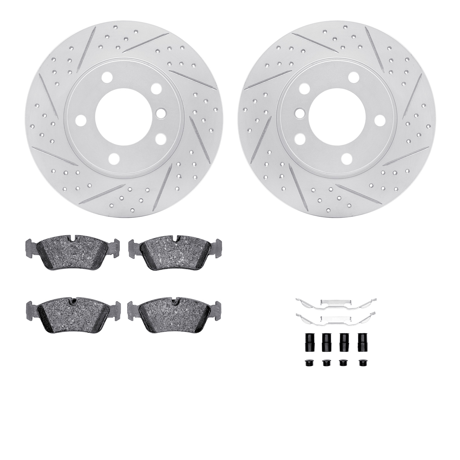 2512-31016 Geoperformance Drilled/Slotted Rotors w/5000 Advanced Brake Pads Kit & Hardware, 1995-1998 BMW, Position: Front