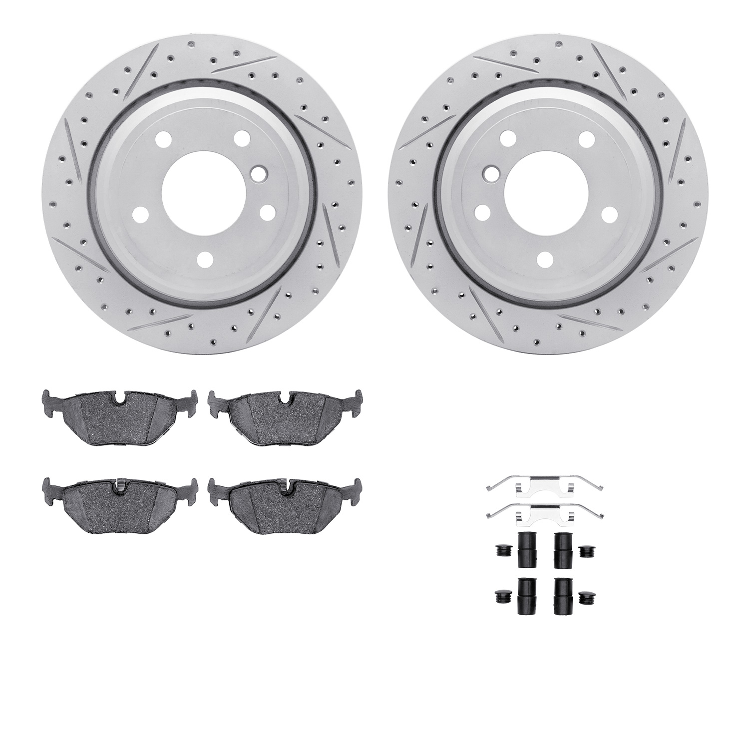 2512-31021 Geoperformance Drilled/Slotted Rotors w/5000 Advanced Brake Pads Kit & Hardware, 1996-2003 BMW, Position: Rear