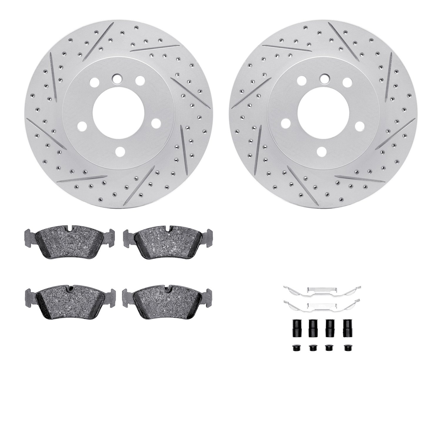 2512-31023 Geoperformance Drilled/Slotted Rotors w/5000 Advanced Brake Pads Kit & Hardware, 1999-2008 BMW, Position: Front